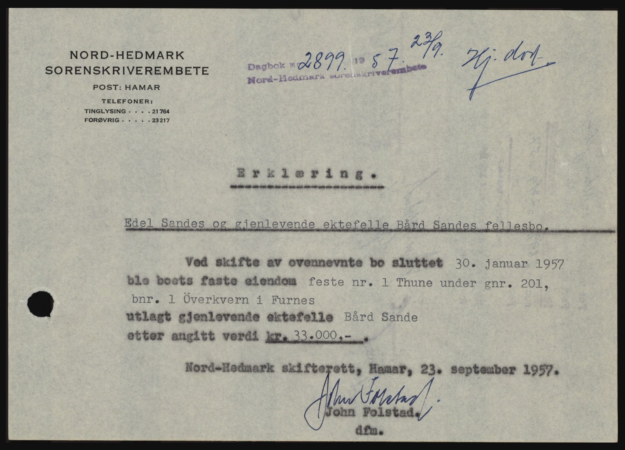 Nord-Hedmark sorenskriveri, SAH/TING-012/H/Hc/L0011: Pantebok nr. 11, 1956-1957, Dagboknr: 2899/1957