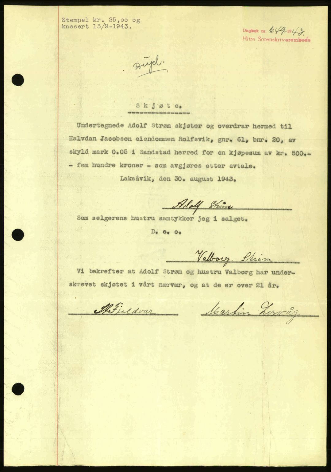 Hitra sorenskriveri, AV/SAT-A-0018/2/2C/2Ca: Pantebok nr. A2, 1943-1945, Dagboknr: 649/1943