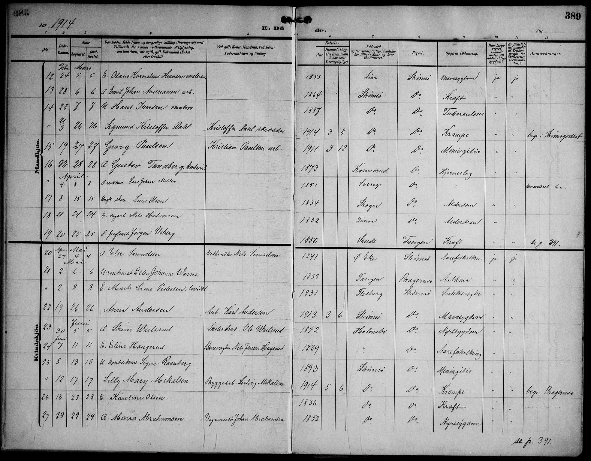 Strømsø kirkebøker, AV/SAKO-A-246/F/Fa/L0026: Ministerialbok nr. I 26, 1905-1914, s. 389