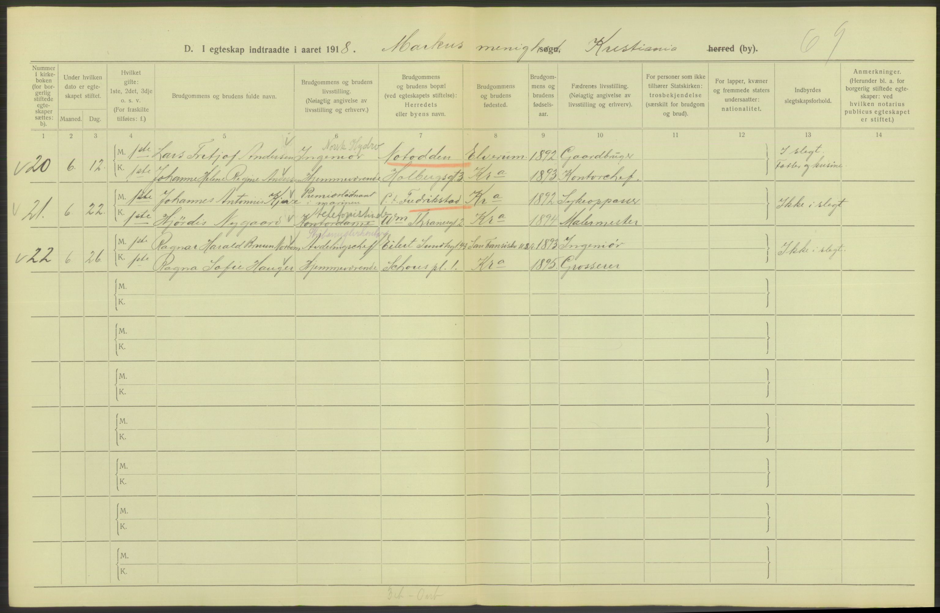 Statistisk sentralbyrå, Sosiodemografiske emner, Befolkning, RA/S-2228/D/Df/Dfb/Dfbh/L0009: Kristiania: Gifte, 1918, s. 358