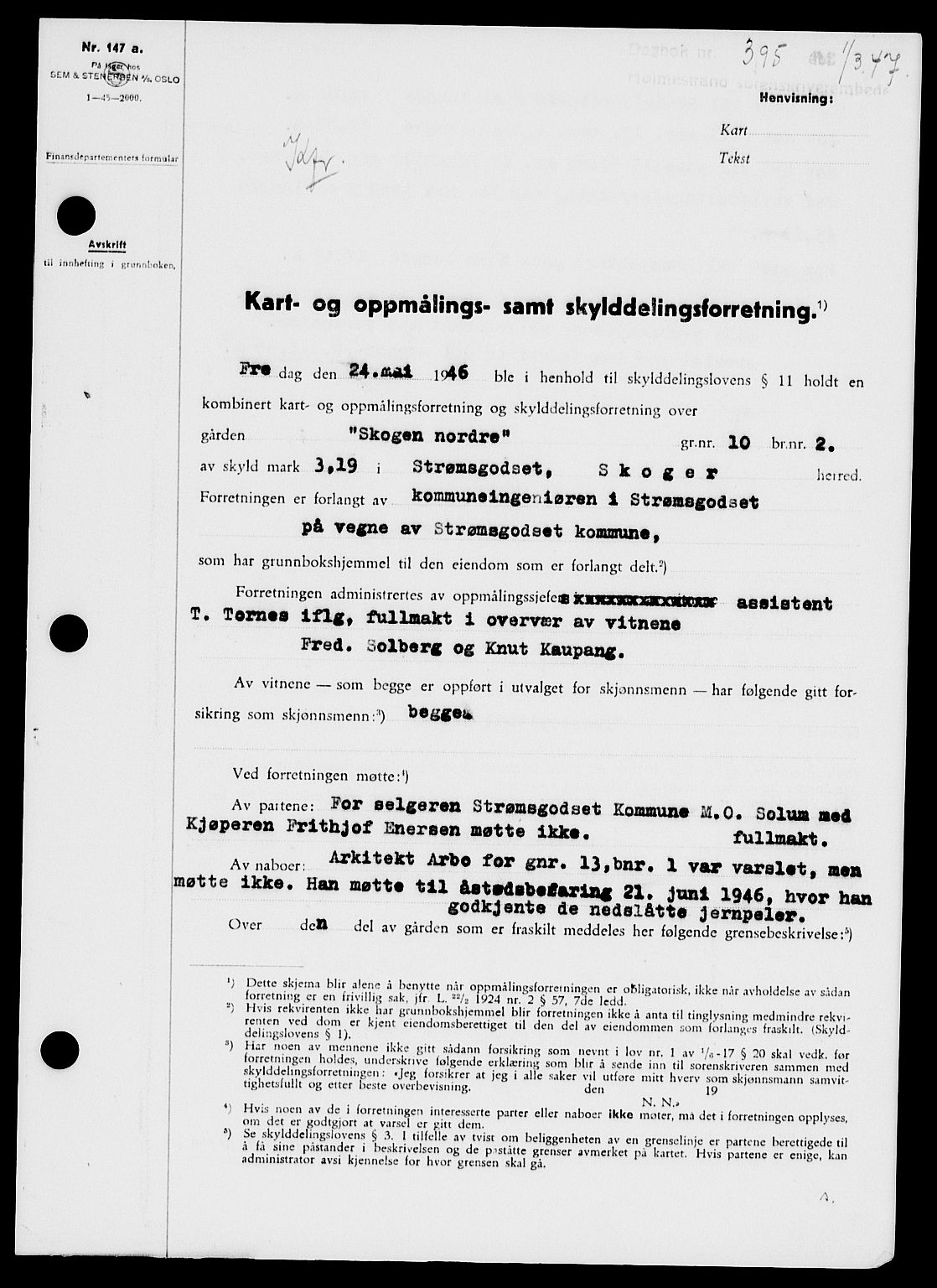 Holmestrand sorenskriveri, SAKO/A-67/G/Ga/Gaa/L0061: Pantebok nr. A-61, 1946-1947, Dagboknr: 395/1947