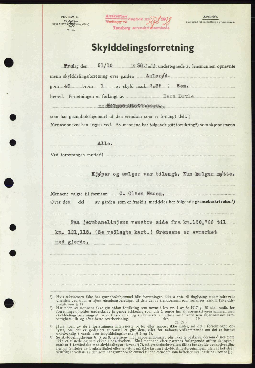 Jarlsberg sorenskriveri, SAKO/A-131/G/Ga/Gaa/L0006: Pantebok nr. A-6, 1938-1939, Dagboknr: 3278/1938