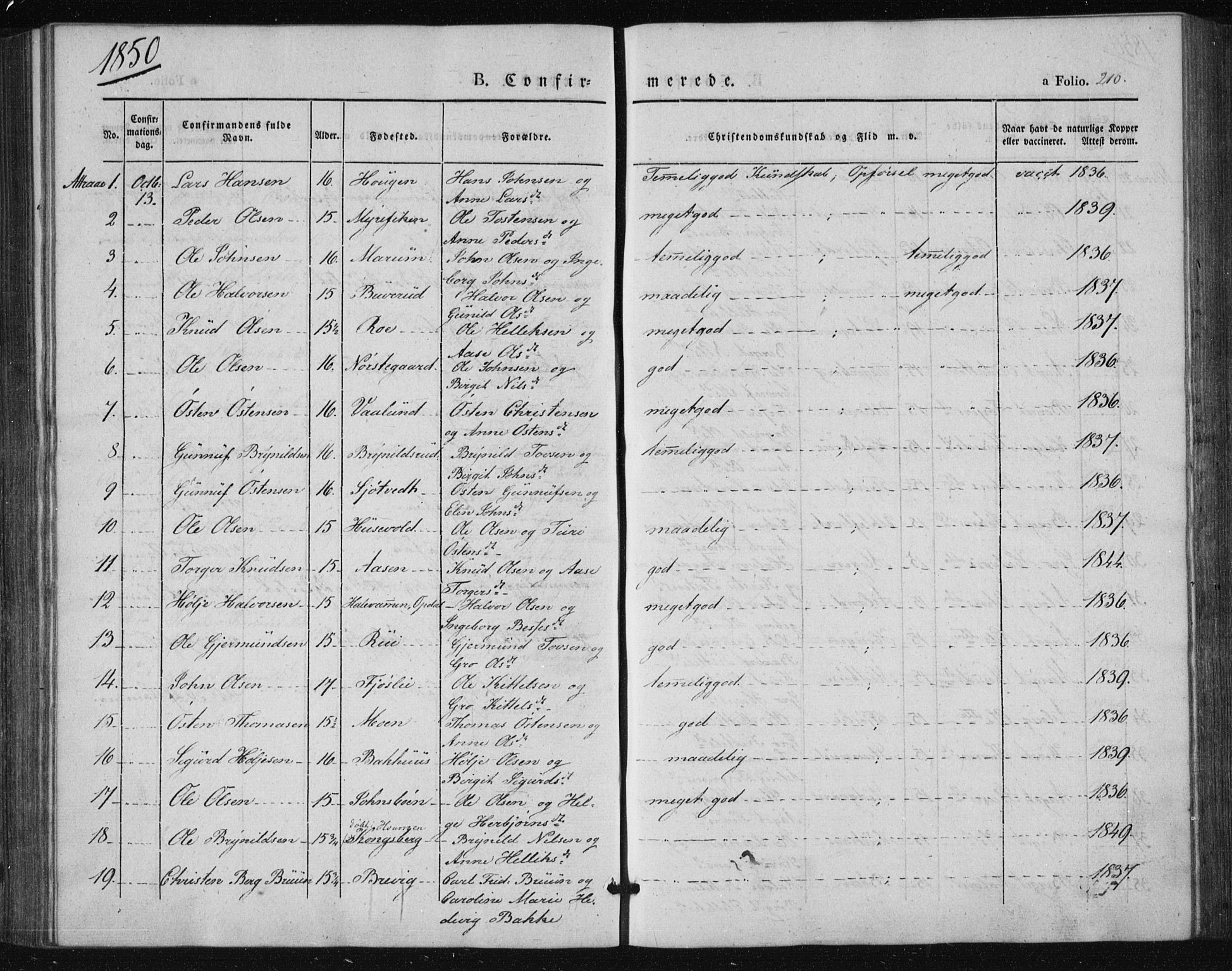 Tinn kirkebøker, AV/SAKO-A-308/F/Fa/L0005: Ministerialbok nr. I 5, 1844-1856, s. 210