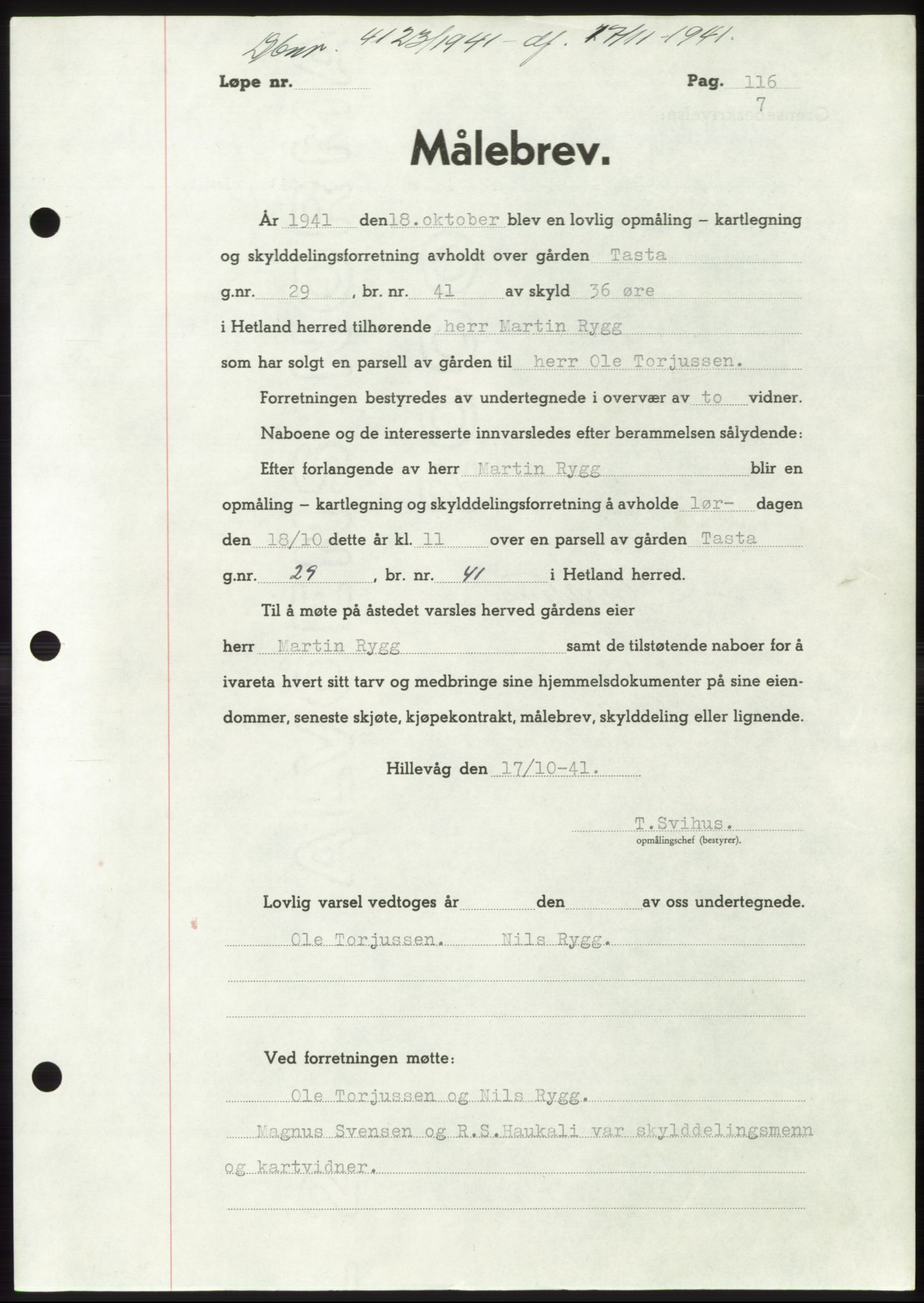 Jæren sorenskriveri, SAST/A-100310/03/G/Gba/L0081: Pantebok, 1941-1941, Dagboknr: 4123/1941