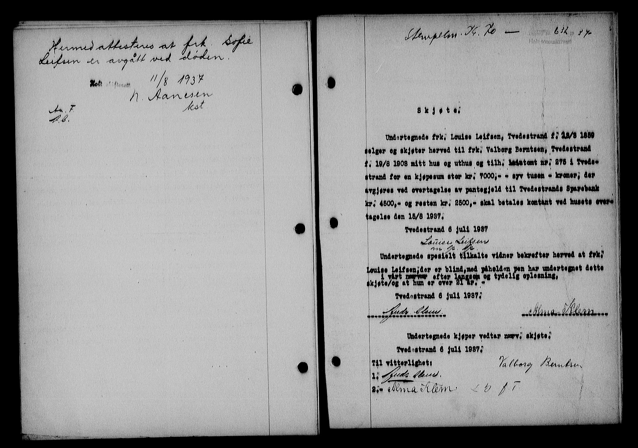 Holt sorenskriveri, AV/SAK-1221-0002/G/Gba/L0045: Pantebok nr. A-I, 1936-1937, Dagboknr: 632/1937
