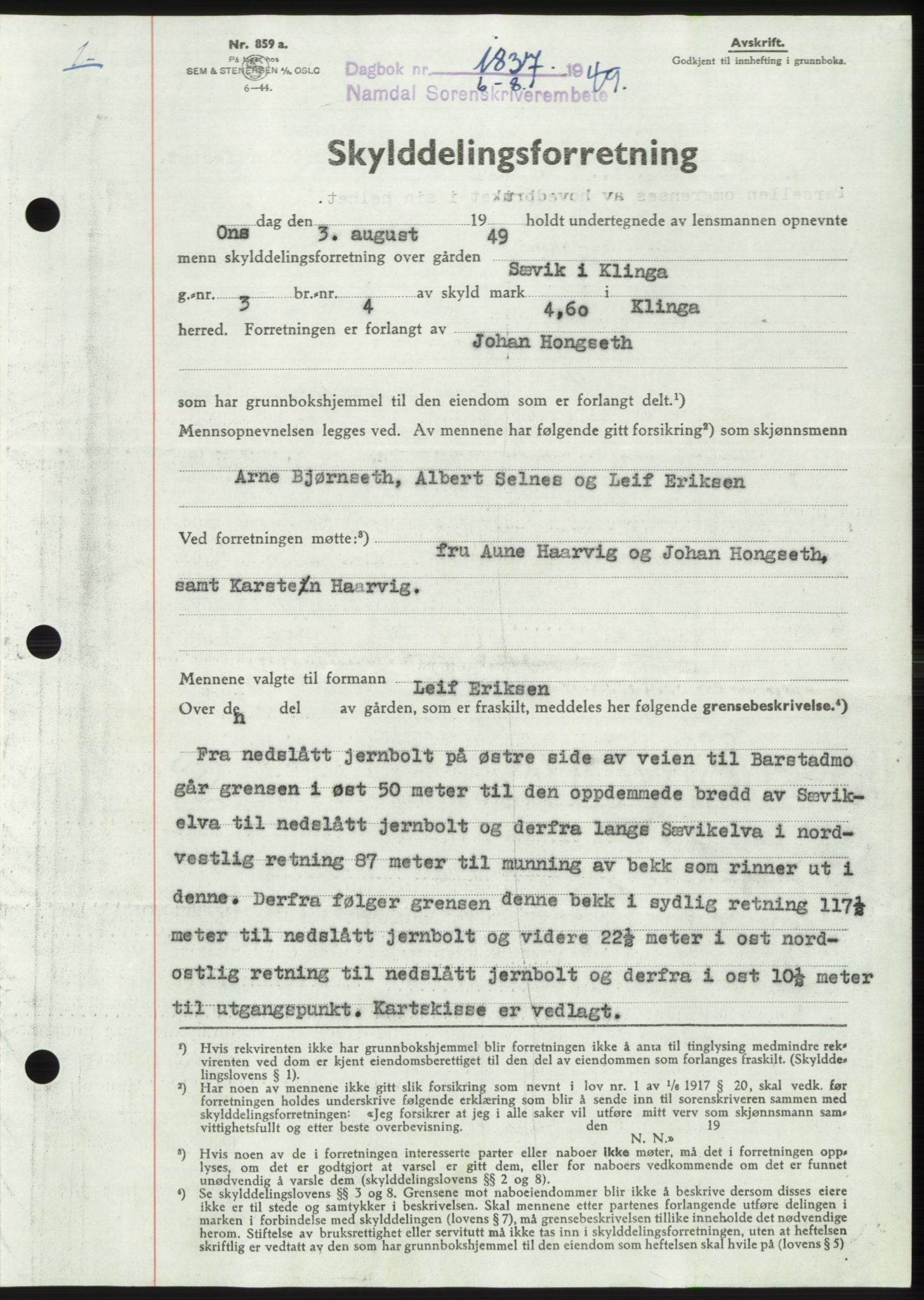 Namdal sorenskriveri, SAT/A-4133/1/2/2C: Pantebok nr. -, 1949-1949, Dagboknr: 1837/1949