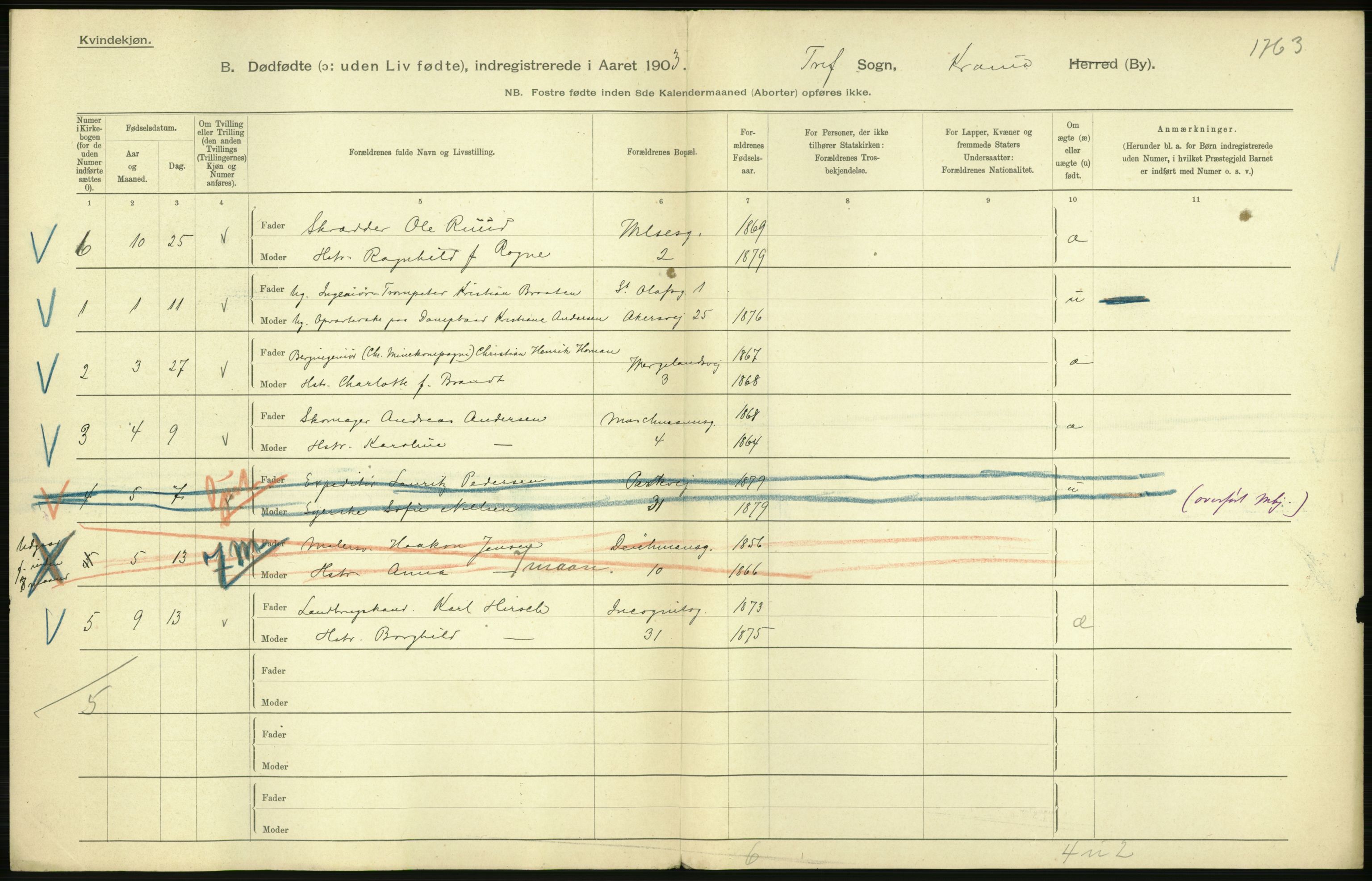 Statistisk sentralbyrå, Sosiodemografiske emner, Befolkning, AV/RA-S-2228/D/Df/Dfa/Dfaa/L0026: Smålenenes - Finnmarkens amt: Dødfødte. Byer., 1903, s. 18