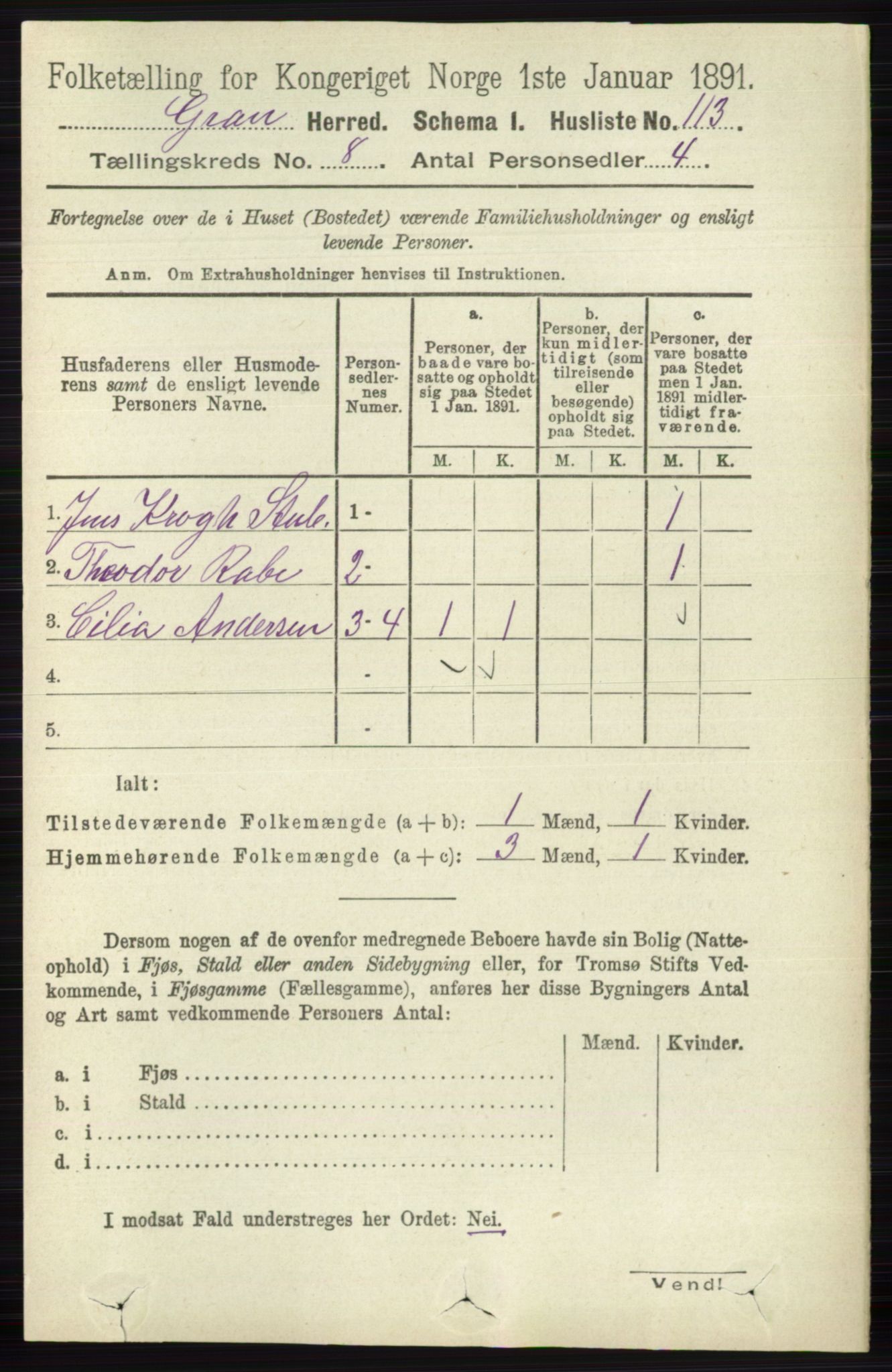 RA, Folketelling 1891 for 0534 Gran herred, 1891, s. 3343