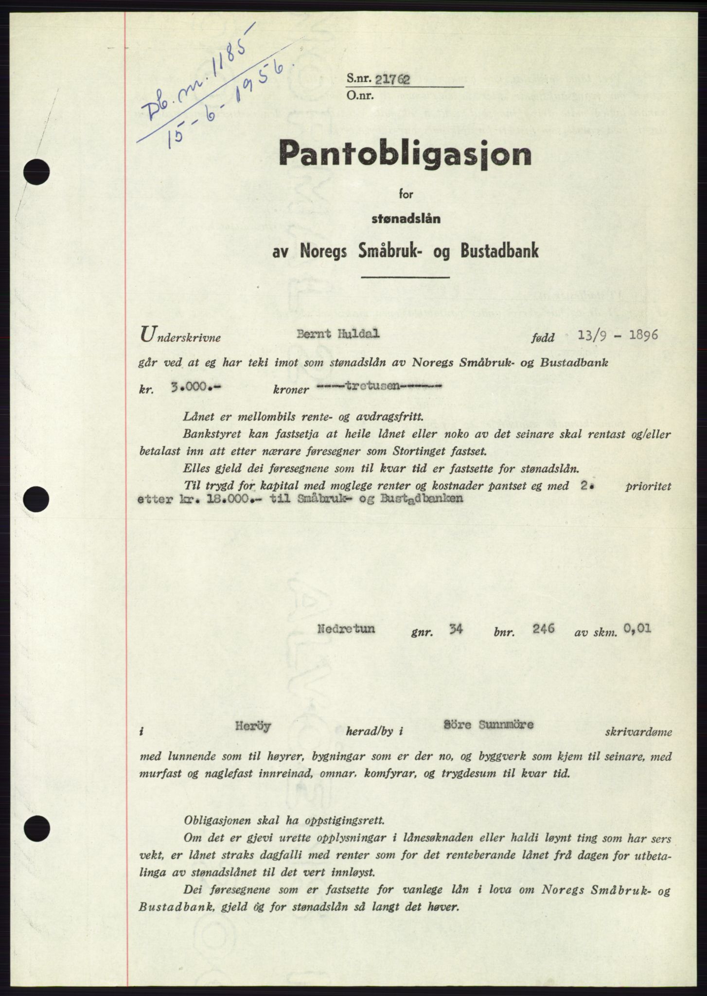 Søre Sunnmøre sorenskriveri, SAT/A-4122/1/2/2C/L0128: Pantebok nr. 16B, 1956-1956, Dagboknr: 1185/1956