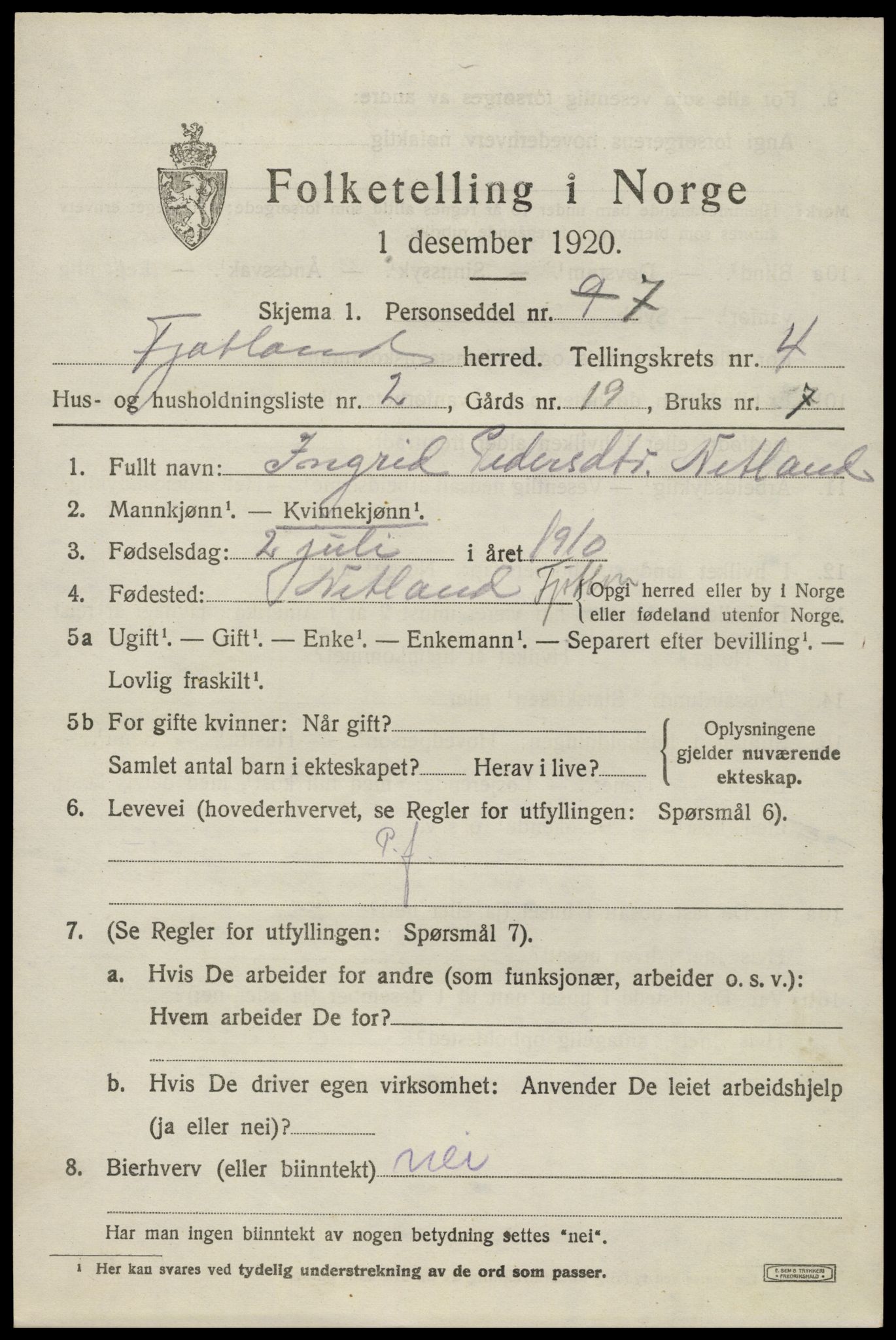 SAK, Folketelling 1920 for 1036 Fjotland herred, 1920, s. 1206