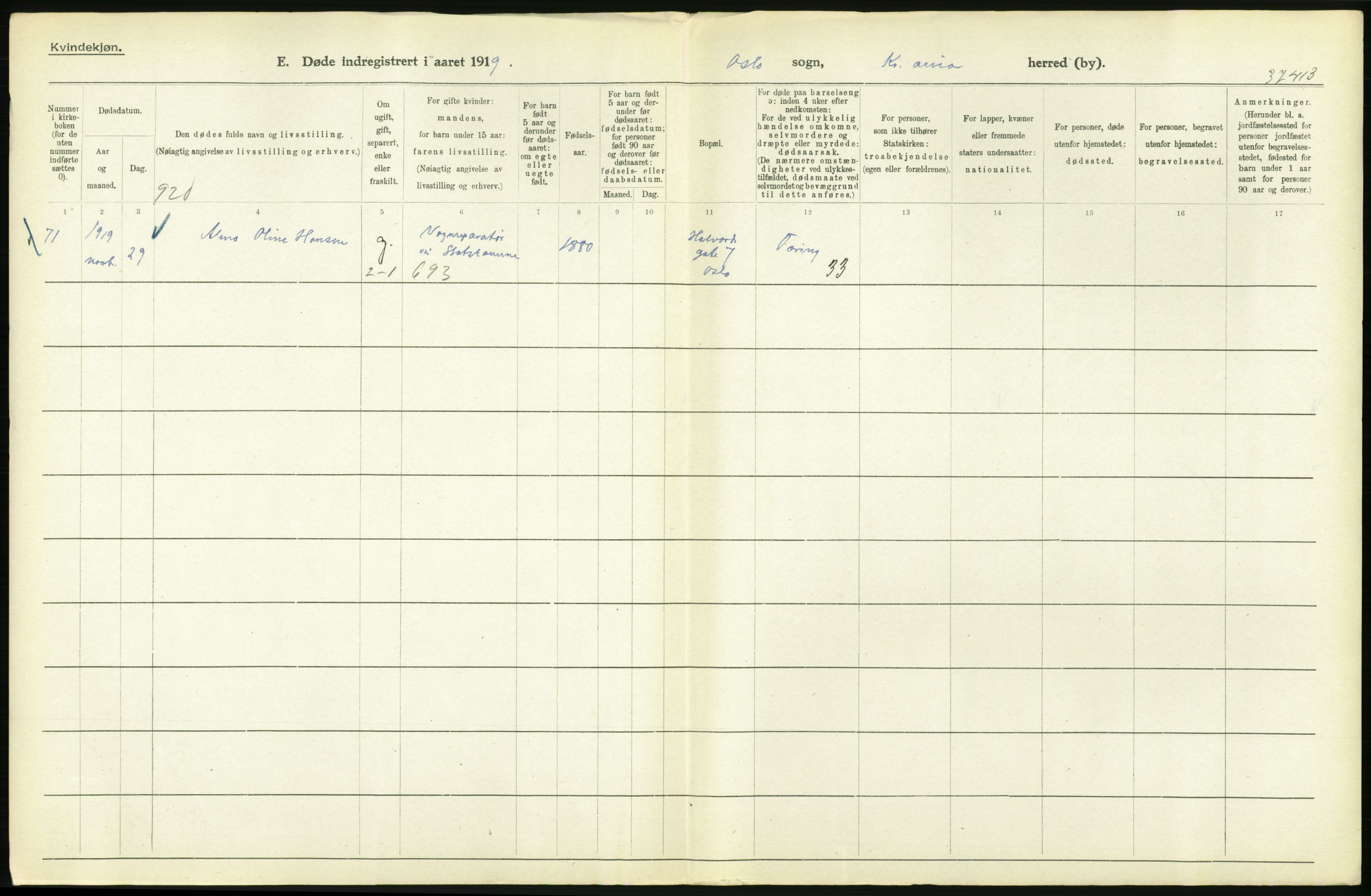 Statistisk sentralbyrå, Sosiodemografiske emner, Befolkning, RA/S-2228/D/Df/Dfb/Dfbi/L0010: Kristiania: Døde, 1919, s. 386