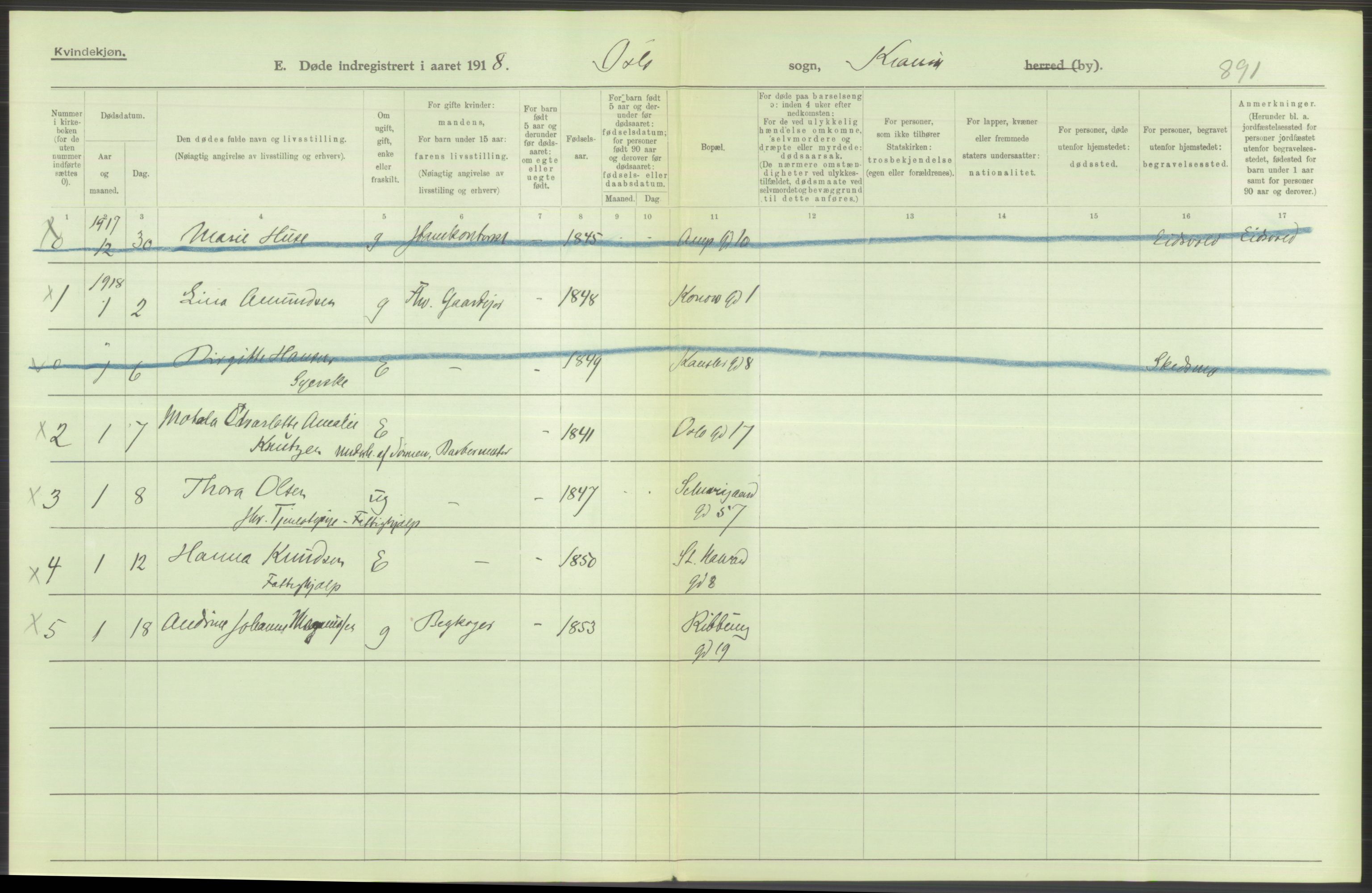 Statistisk sentralbyrå, Sosiodemografiske emner, Befolkning, AV/RA-S-2228/D/Df/Dfb/Dfbh/L0011: Kristiania: Døde, dødfødte, 1918, s. 68