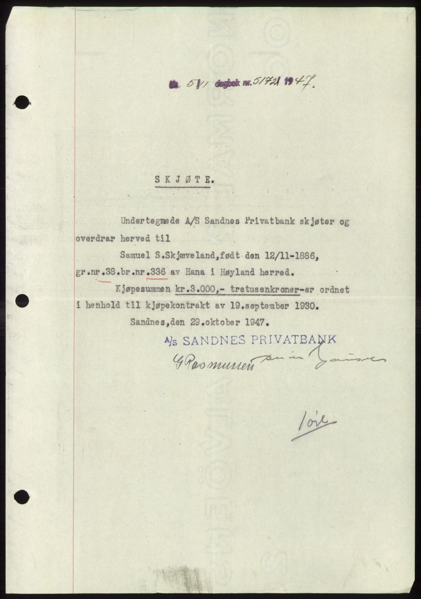 Jæren sorenskriveri, SAST/A-100310/03/G/Gba/L0096: Pantebok, 1947-1947, Dagboknr: 5172/1947