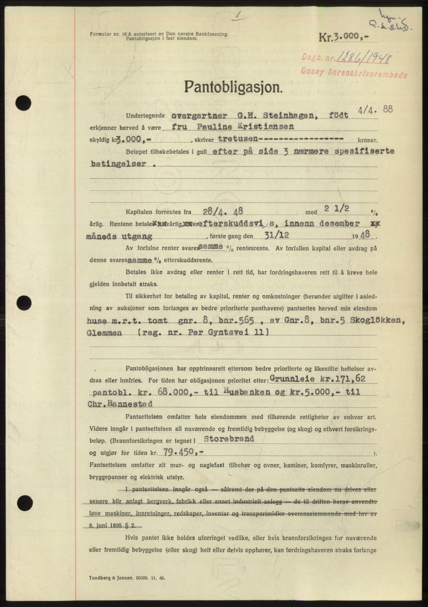 Onsøy sorenskriveri, SAO/A-10474/G/Ga/Gac/L0007: Pantebok nr. B 14-7, 1948-1948, Dagboknr: 1286/1948