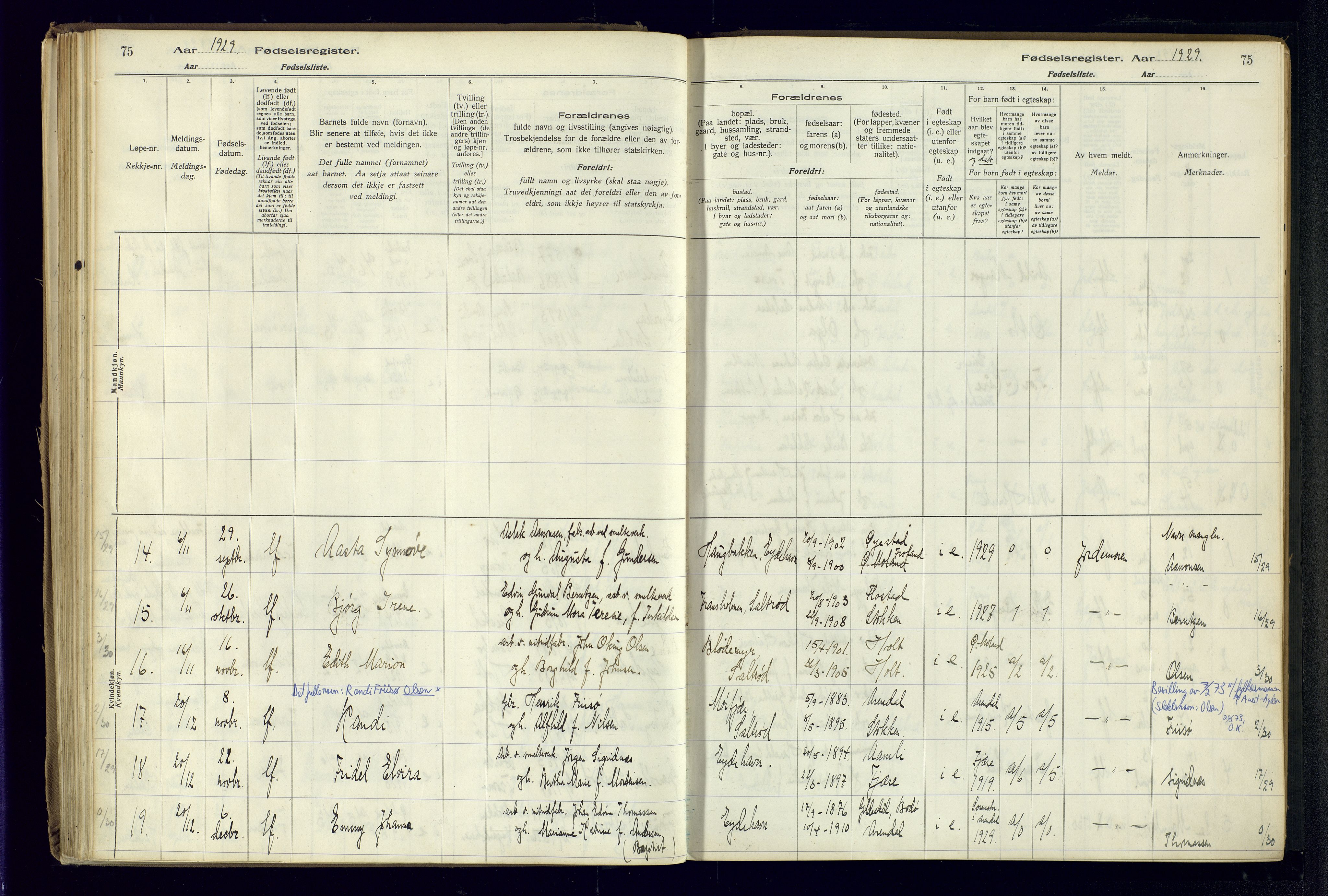 Austre Moland sokneprestkontor, AV/SAK-1111-0001/J/Ja/L0003: Fødselsregister nr. A-VI-27, 1916-1950, s. 75