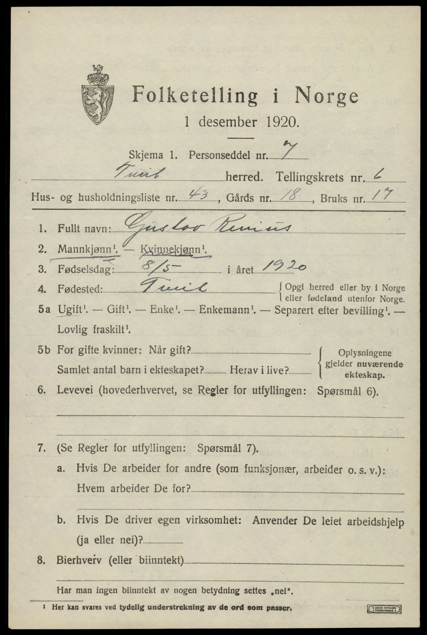 SAK, Folketelling 1920 for 1013 Tveit herred, 1920, s. 3178