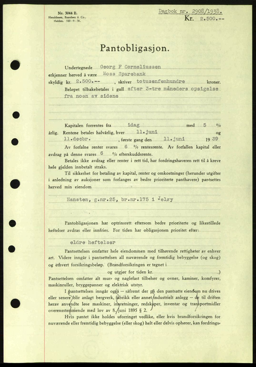 Moss sorenskriveri, SAO/A-10168: Pantebok nr. B6, 1938-1938, Dagboknr: 2908/1938