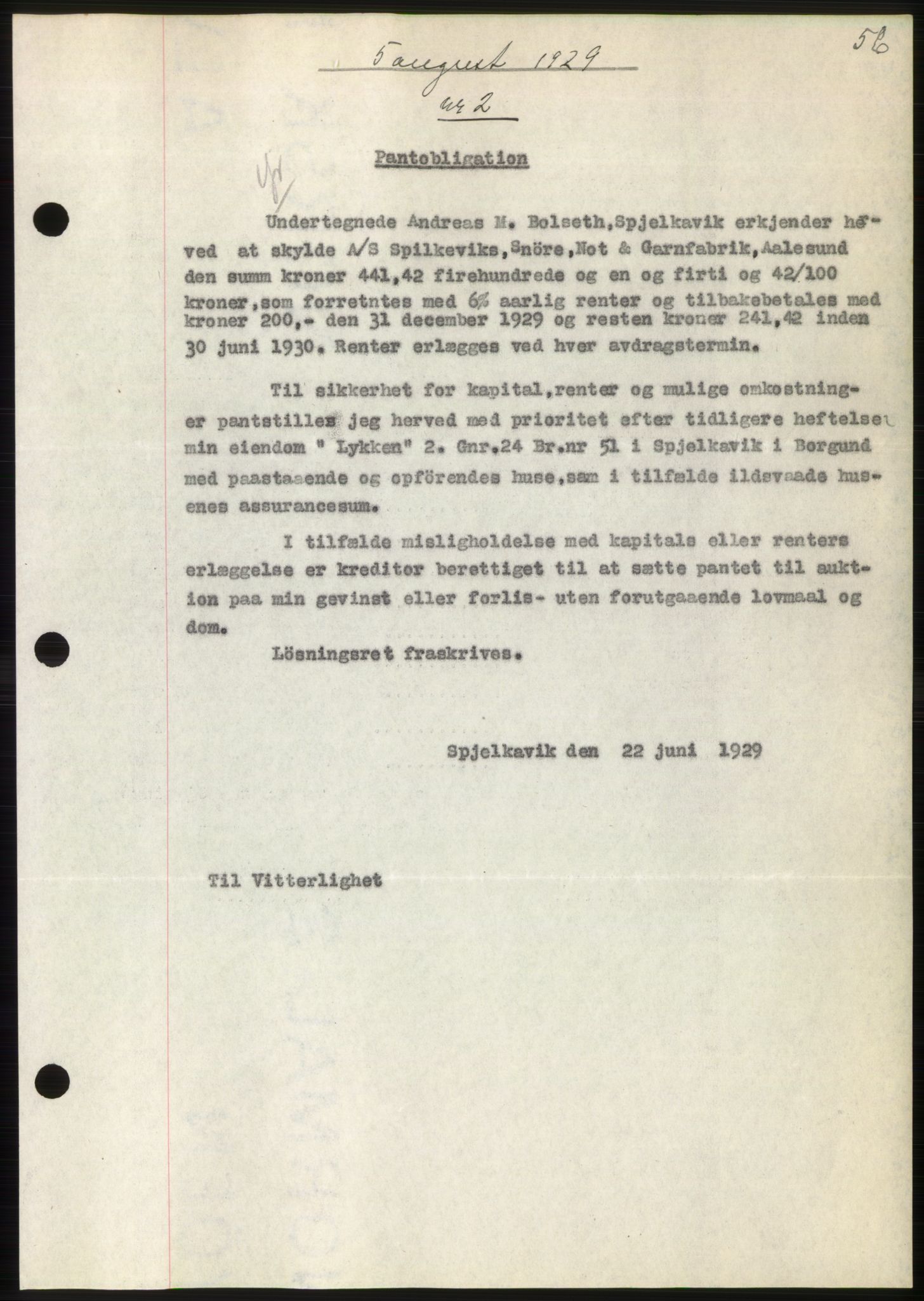 Nordre Sunnmøre sorenskriveri, SAT/A-0006/1/2/2C/2Ca/L0044: Pantebok nr. 44, 1929-1930, Tingl.dato: 05.08.1929