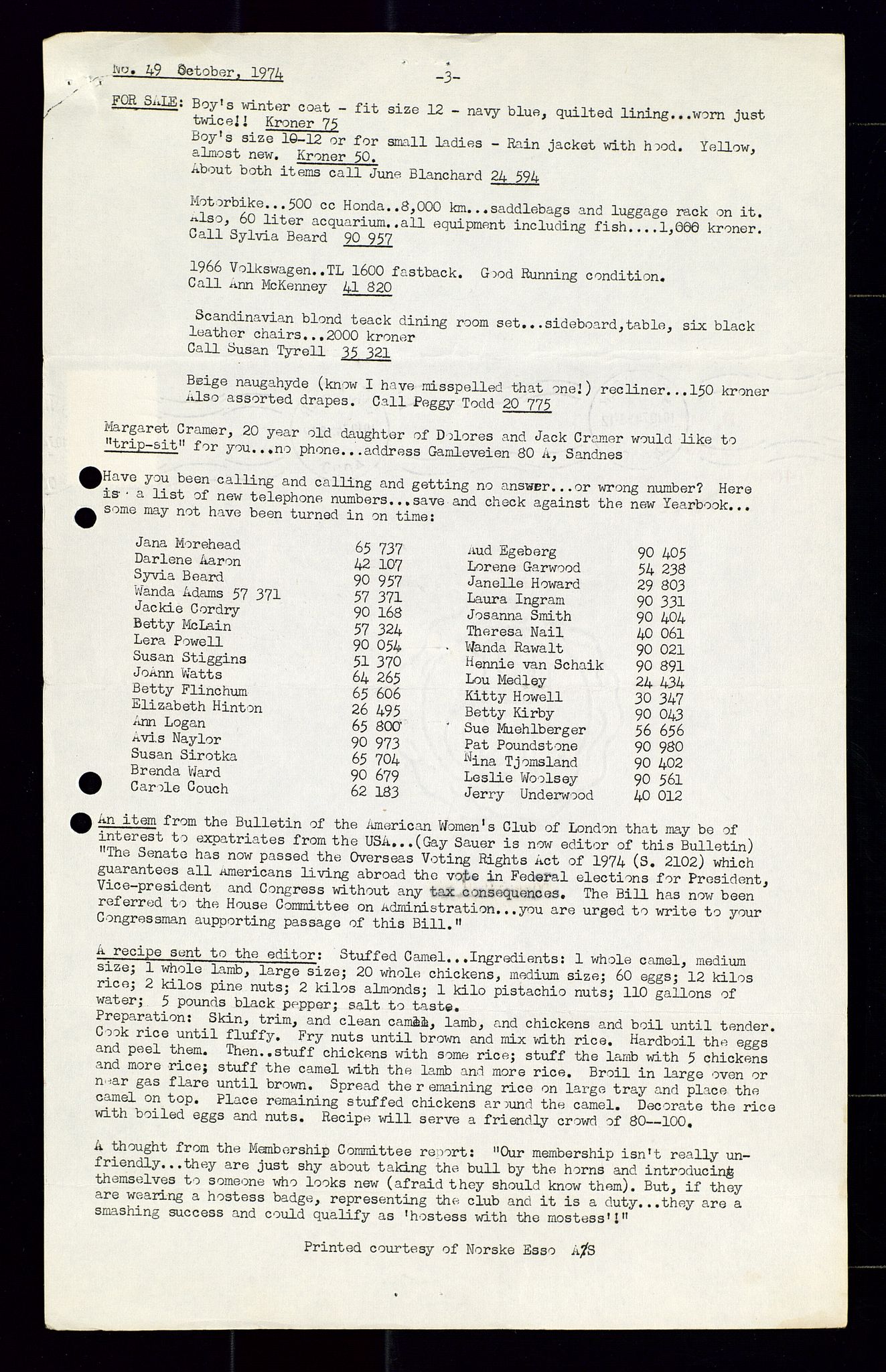 PA 1547 - Petroleum Wives Club, AV/SAST-A-101974/X/Xa/L0001: Newsletters (1971-1978)/radiointervjuer på kasett (1989-1992), 1970-1978