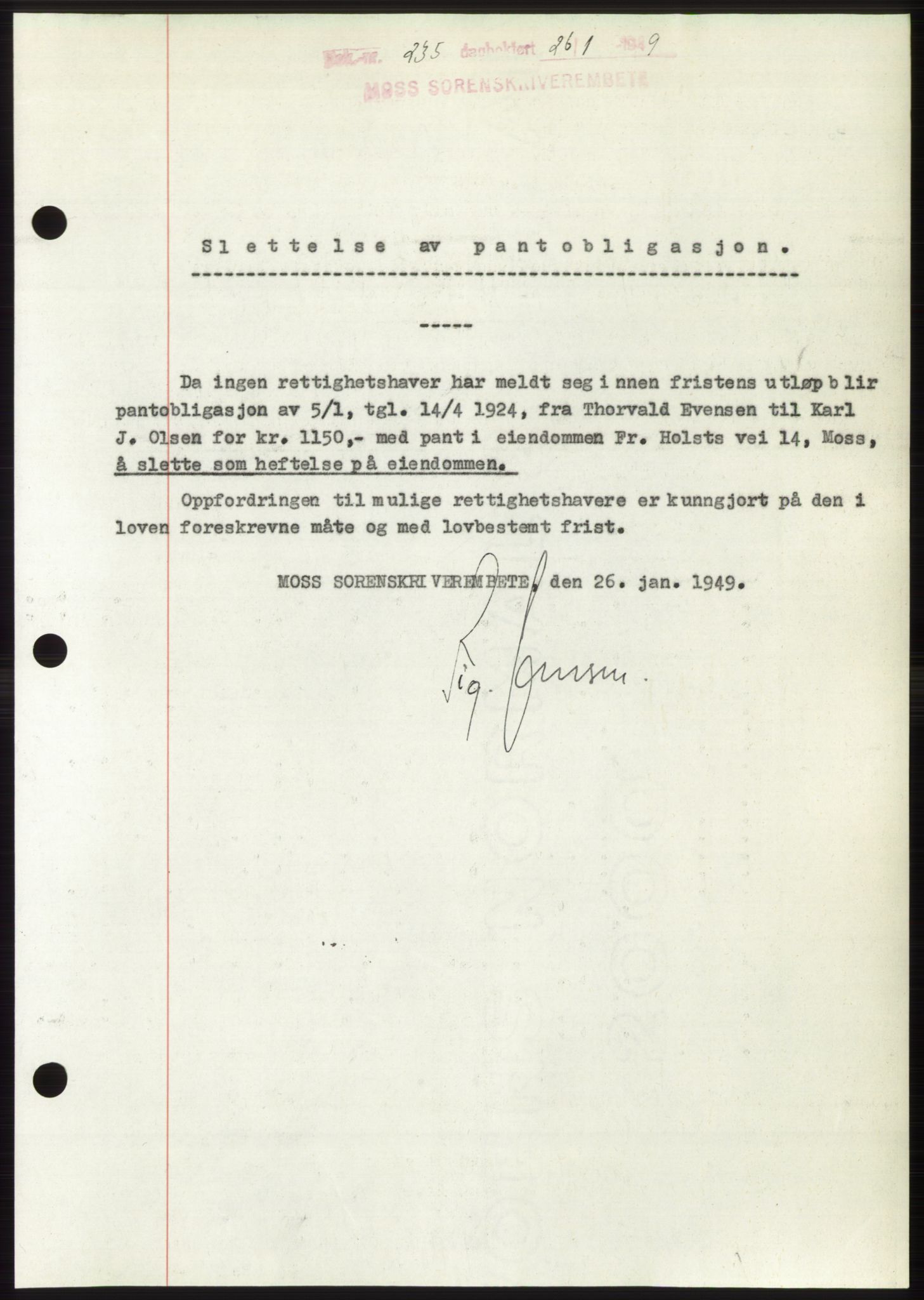 Moss sorenskriveri, SAO/A-10168: Pantebok nr. B21, 1949-1949, Dagboknr: 235/1949