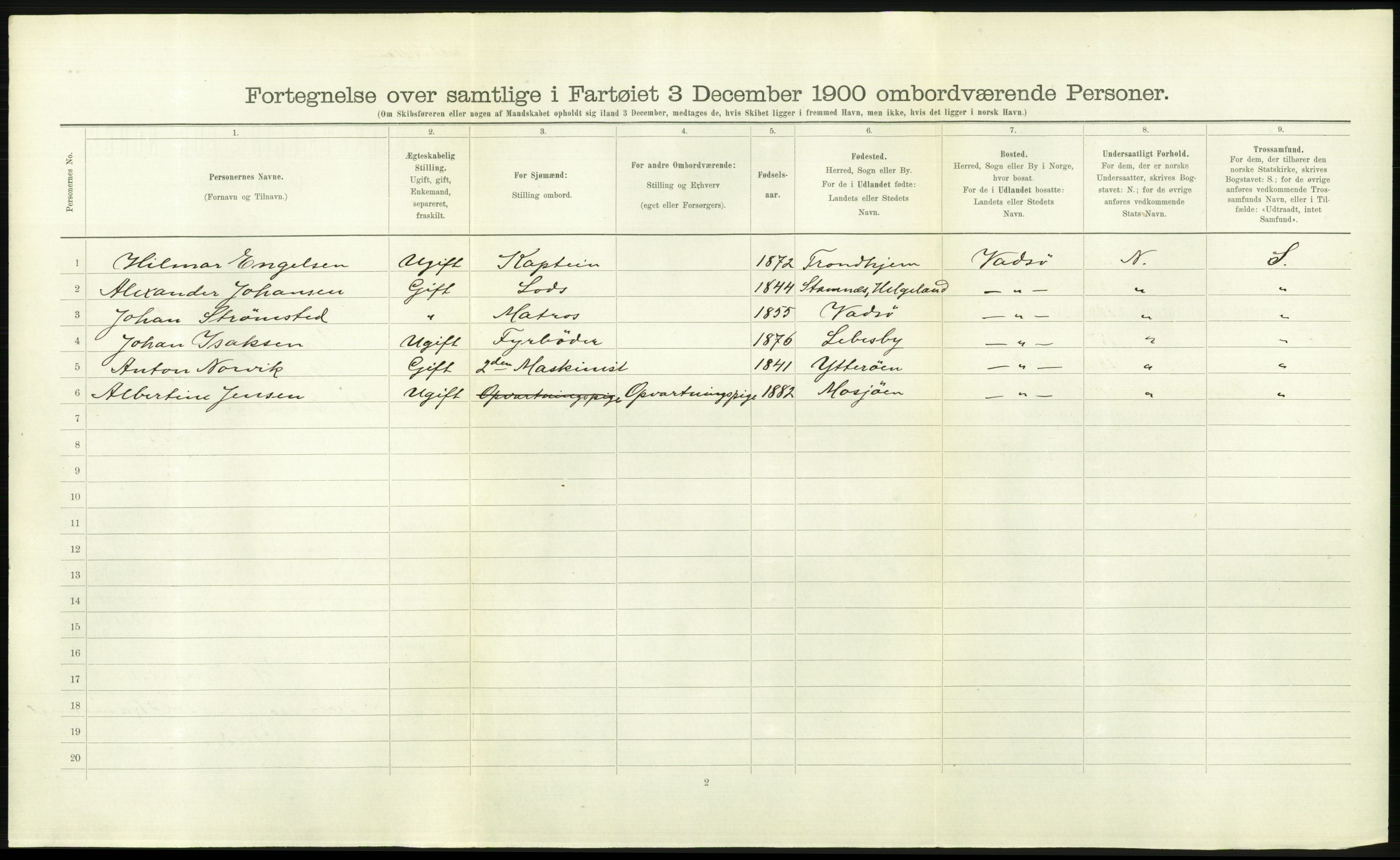 RA, Folketelling 1900 - skipslister med personlister for skip i norske havner, utenlandske havner og til havs, 1900, s. 2814