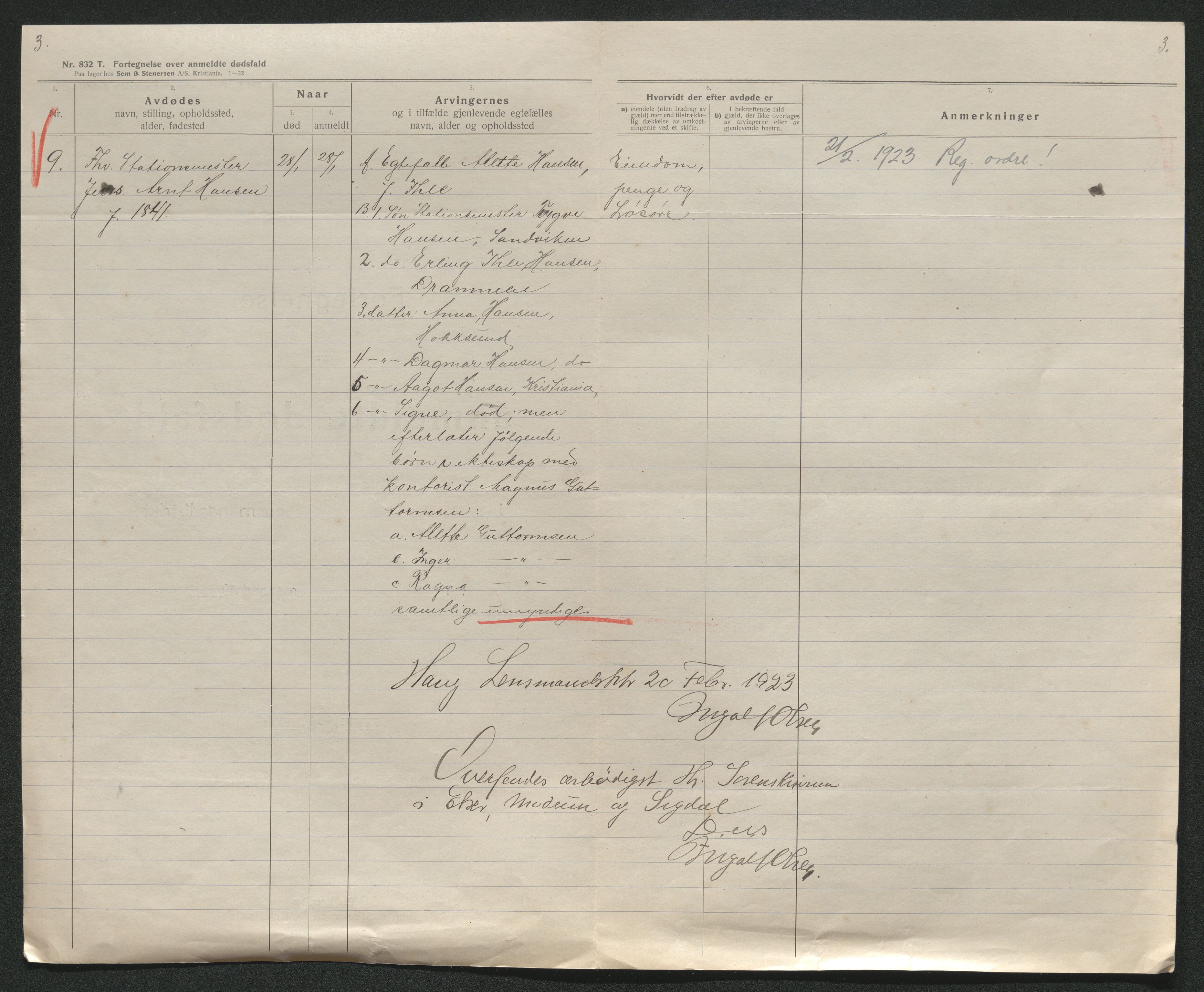 Eiker, Modum og Sigdal sorenskriveri, AV/SAKO-A-123/H/Ha/Hab/L0041: Dødsfallsmeldinger, 1922-1923, s. 572