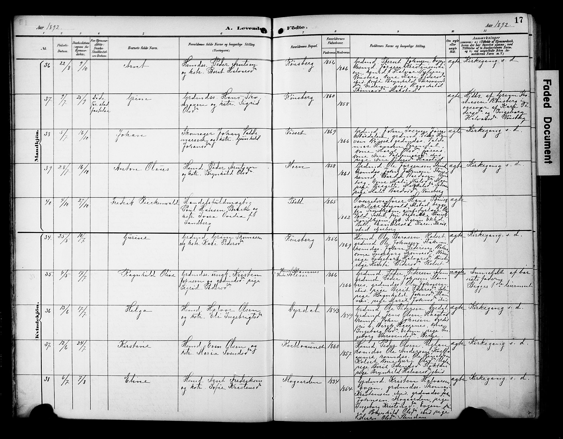 Ministerialprotokoller, klokkerbøker og fødselsregistre - Sør-Trøndelag, AV/SAT-A-1456/695/L1149: Ministerialbok nr. 695A09, 1891-1902, s. 17