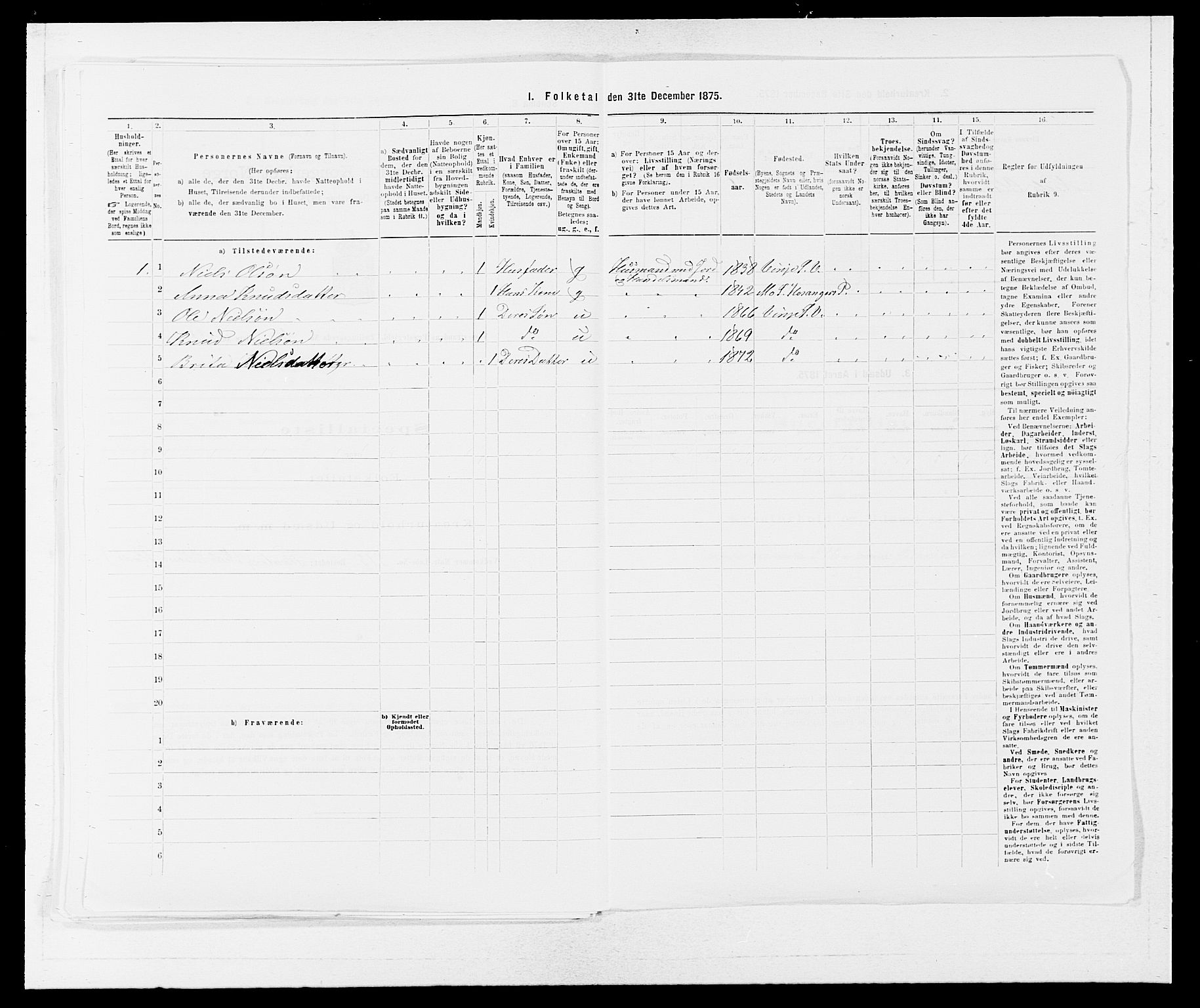 SAB, Folketelling 1875 for 1236P Vossestrand prestegjeld, 1875, s. 394