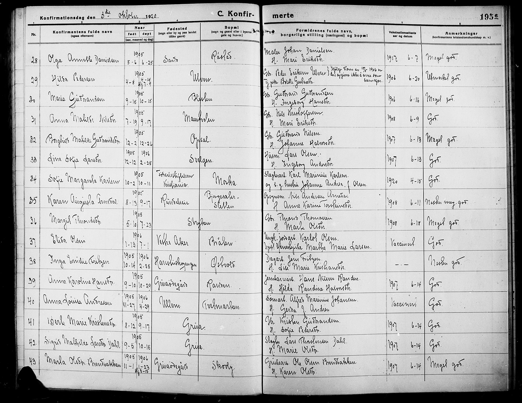 Lunner prestekontor, AV/SAH-PREST-118/H/Ha/Hab/L0001: Klokkerbok nr. 1, 1909-1922, s. 195e