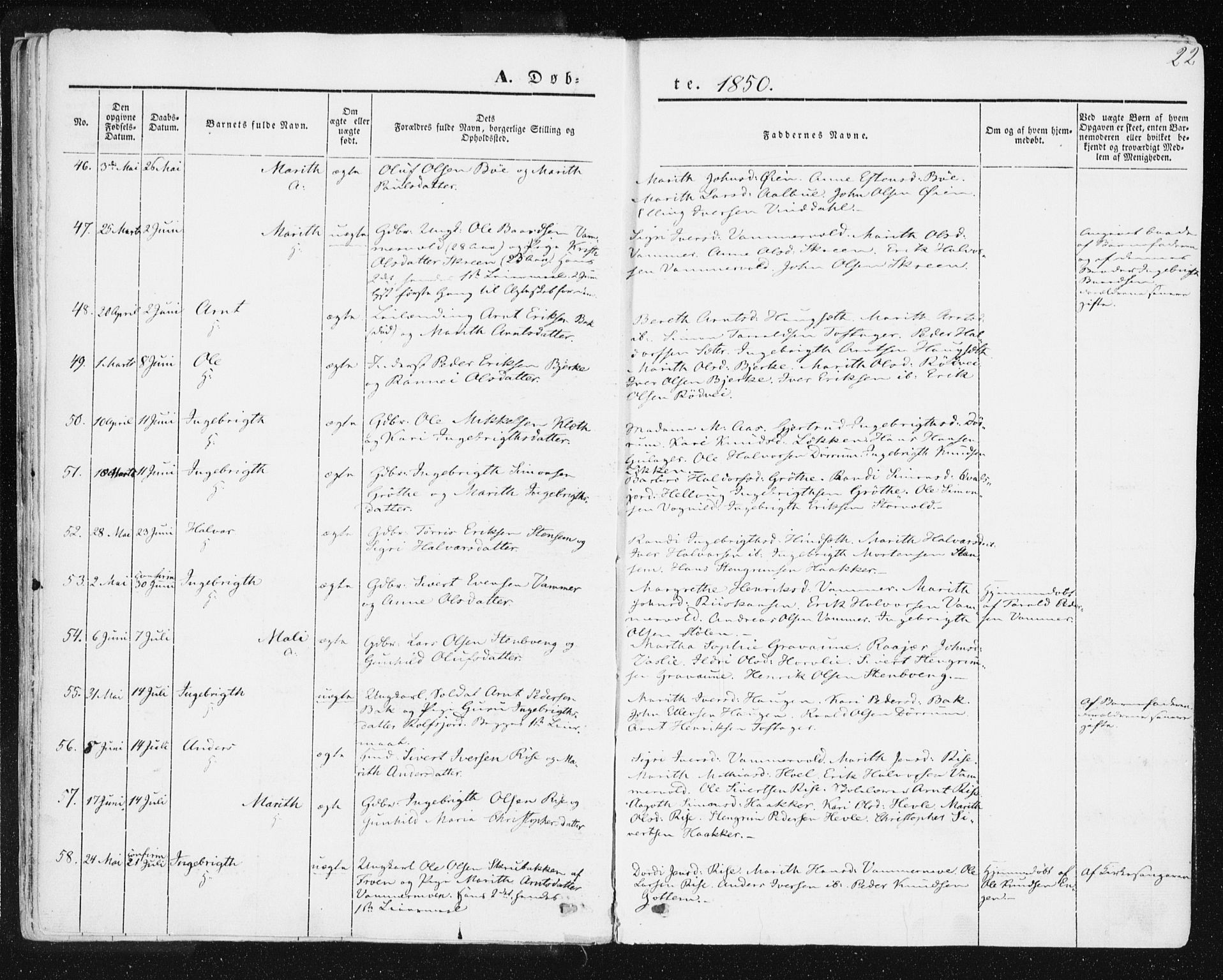 Ministerialprotokoller, klokkerbøker og fødselsregistre - Sør-Trøndelag, AV/SAT-A-1456/678/L0899: Ministerialbok nr. 678A08, 1848-1872, s. 22