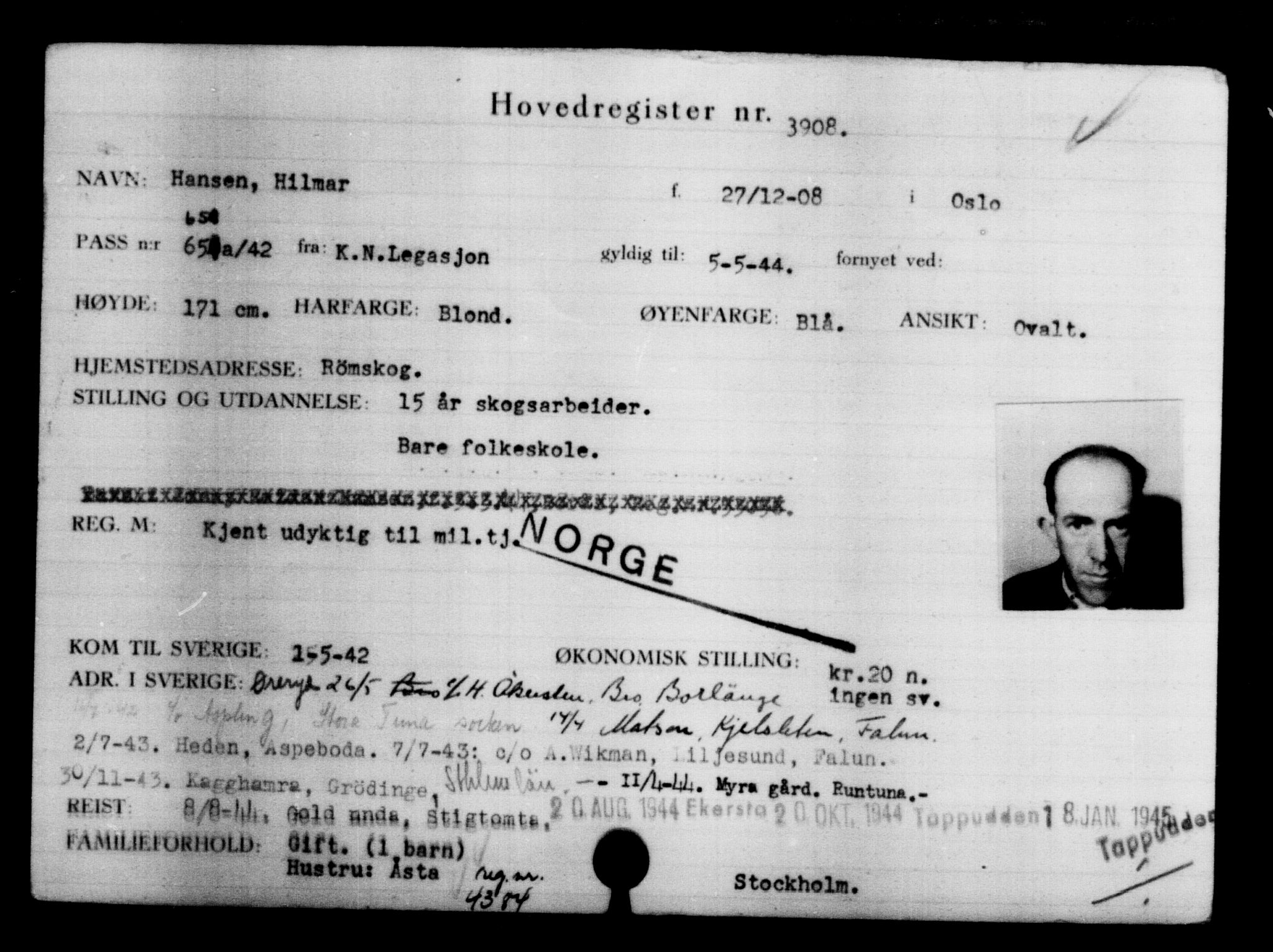 Utenriksstasjonene, Legasjonen i Stockholm, Flyktningkontoret, AV/RA-S-6753/V/Va/L0004: Kjesäterkartoteket, flyktninger med registreringsnr. 3496-6610, 1940-1945, s. 481