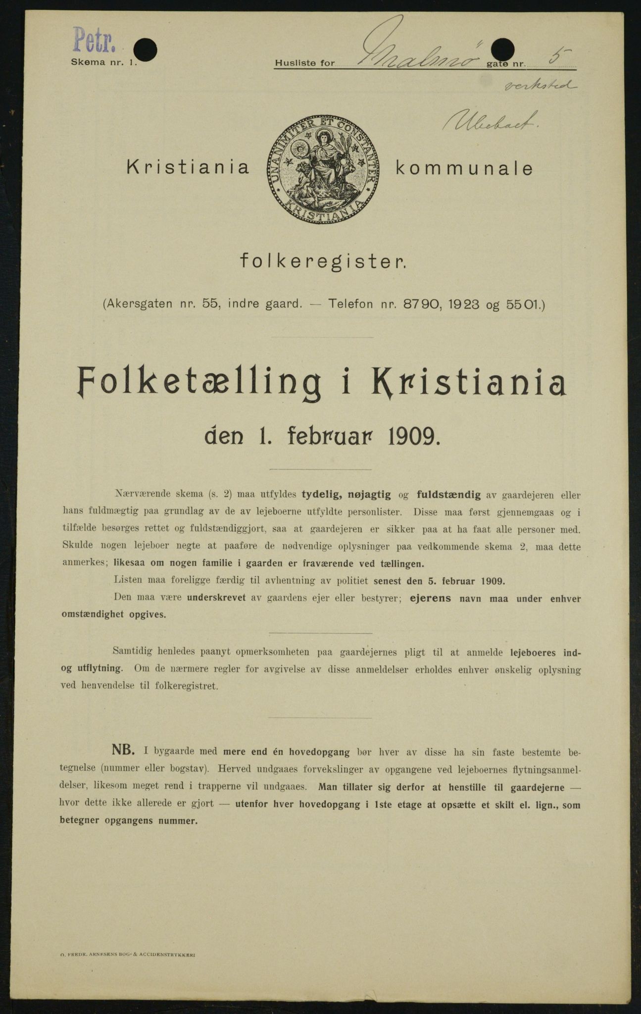 OBA, Kommunal folketelling 1.2.1909 for Kristiania kjøpstad, 1909, s. 54592