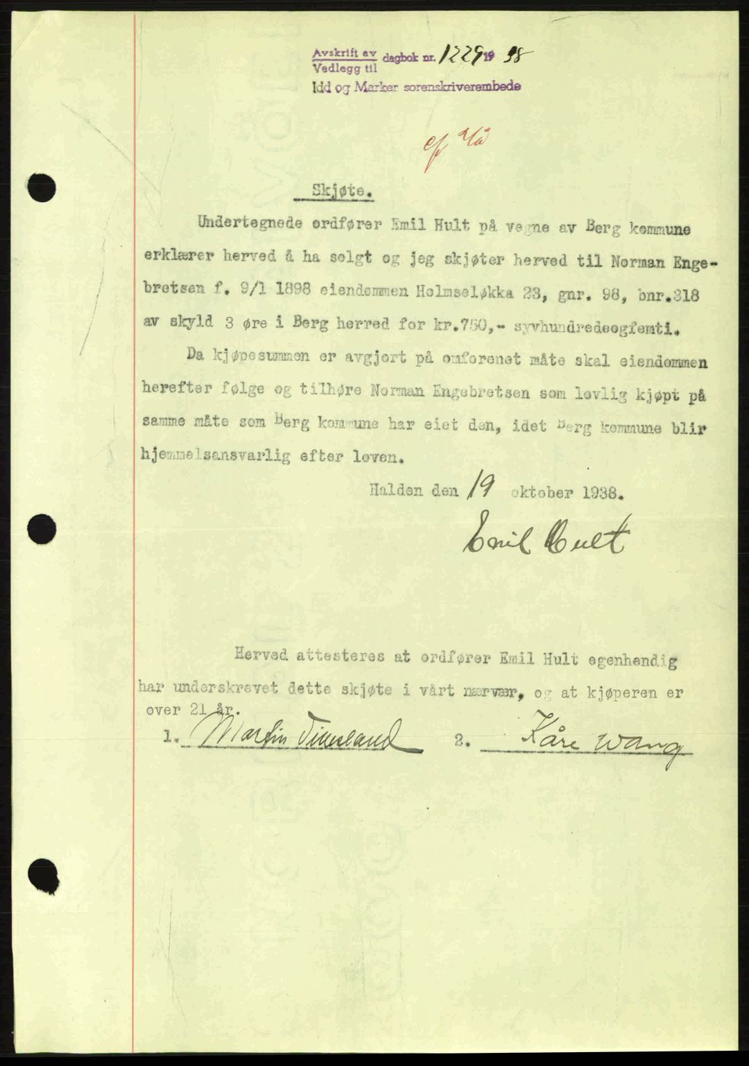 Idd og Marker sorenskriveri, AV/SAO-A-10283/G/Gb/Gbb/L0002: Pantebok nr. A2, 1937-1938, Dagboknr: 1229/1938