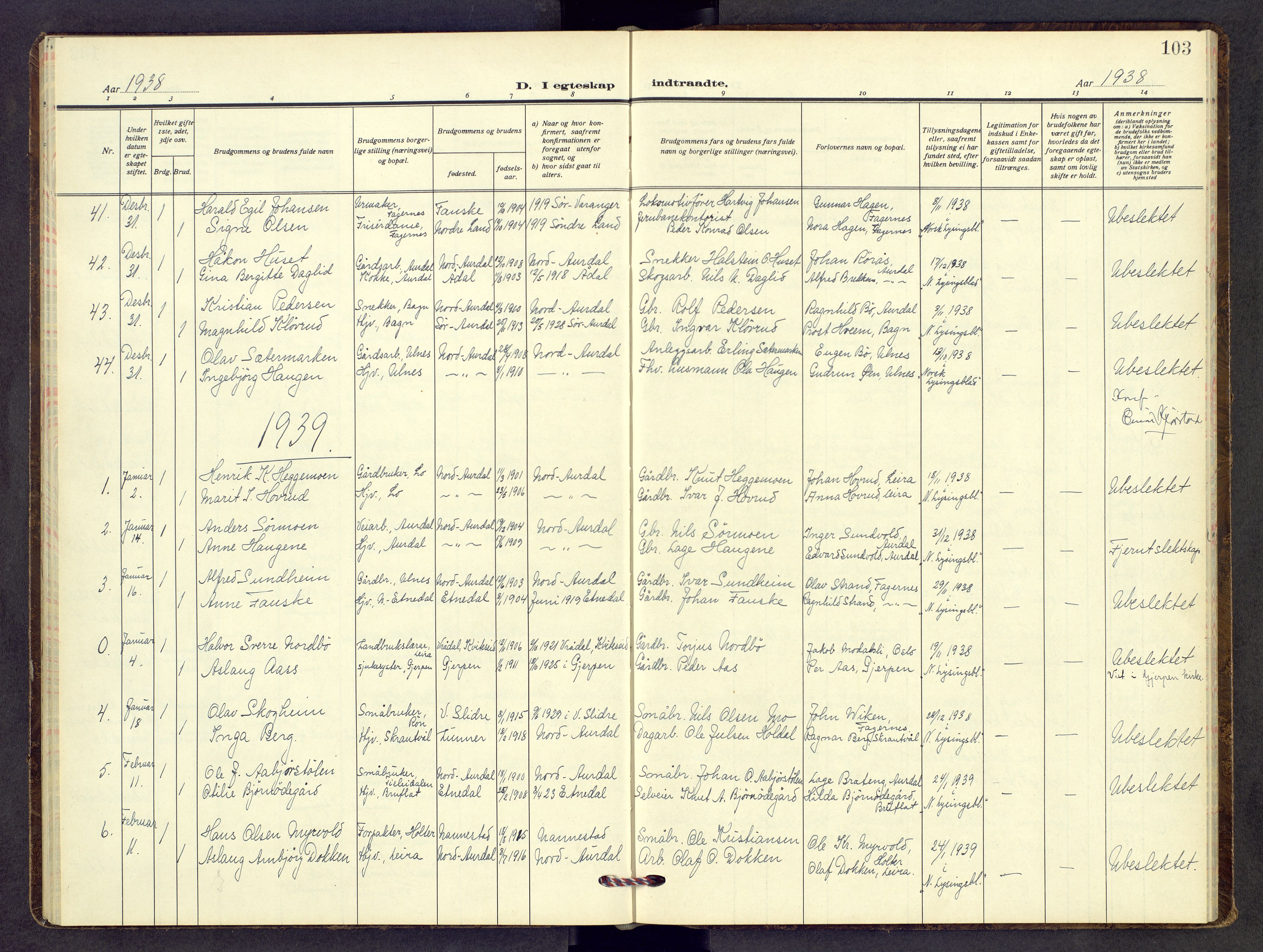 Nord-Aurdal prestekontor, SAH/PREST-132/H/Ha/Hab/L0017: Klokkerbok nr. 17, 1933-1946, s. 103