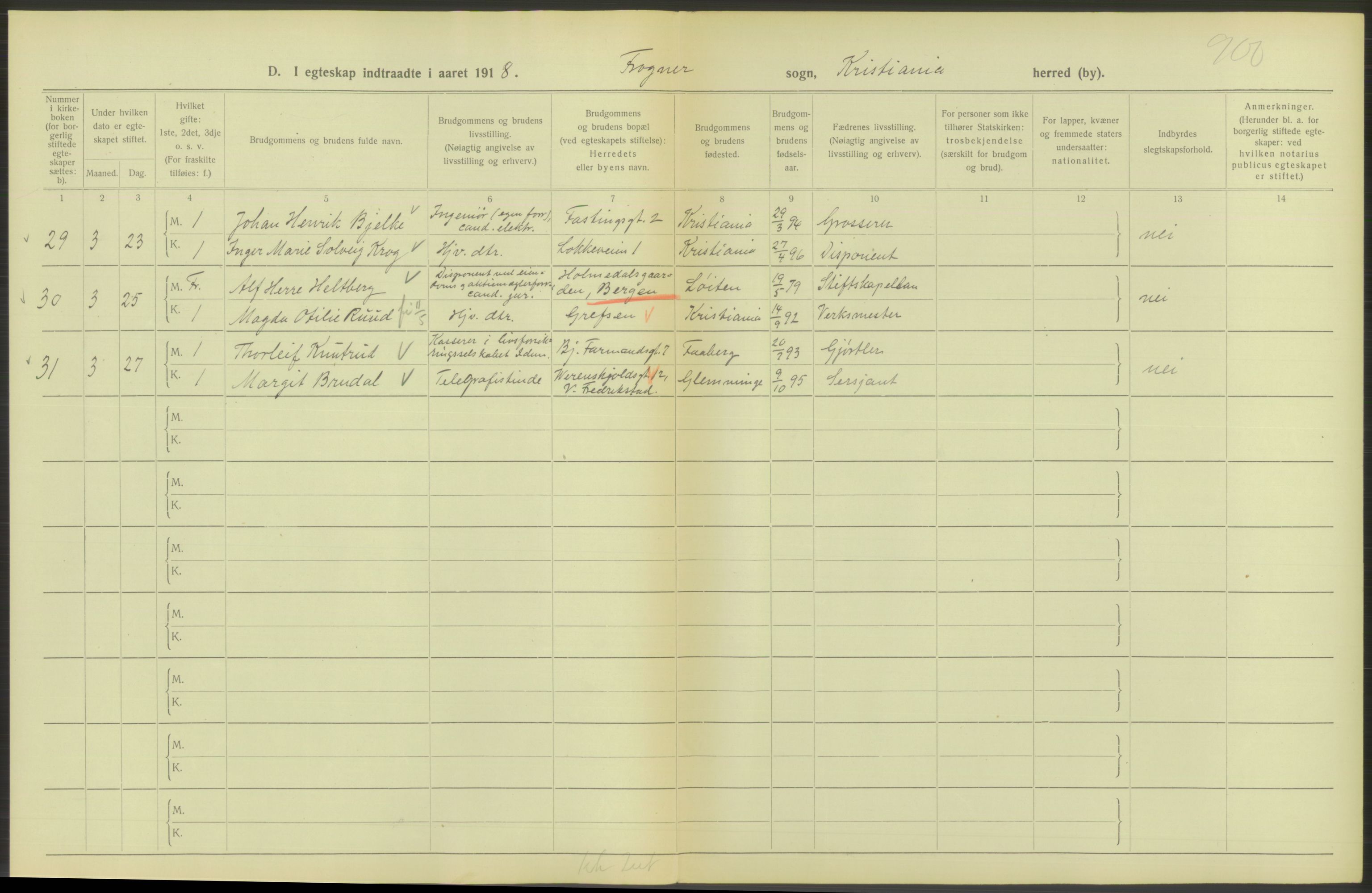 Statistisk sentralbyrå, Sosiodemografiske emner, Befolkning, AV/RA-S-2228/D/Df/Dfb/Dfbh/L0009: Kristiania: Gifte, 1918, s. 132