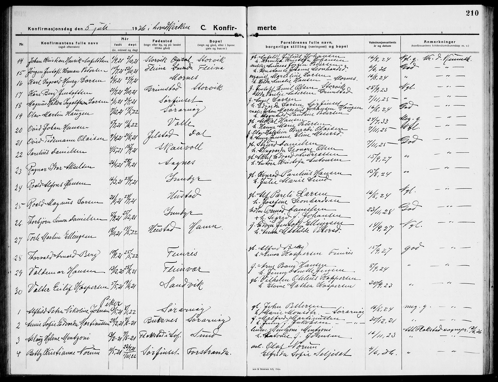 Ministerialprotokoller, klokkerbøker og fødselsregistre - Nordland, AV/SAT-A-1459/805/L0111: Klokkerbok nr. 805C07, 1925-1943, s. 210