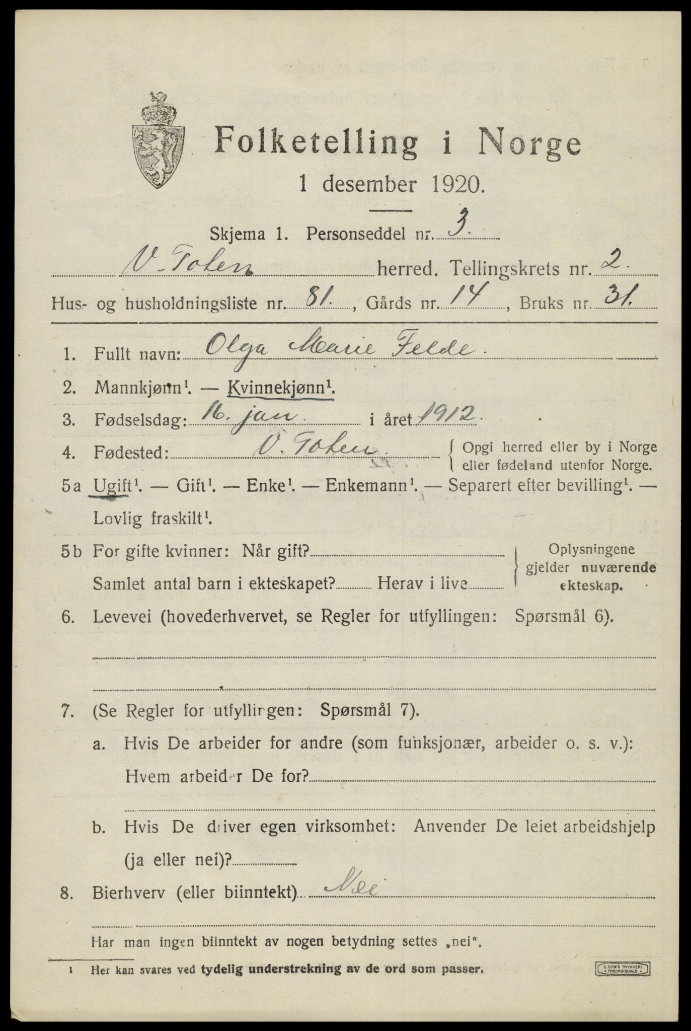 SAH, Folketelling 1920 for 0529 Vestre Toten herred, 1920, s. 4488