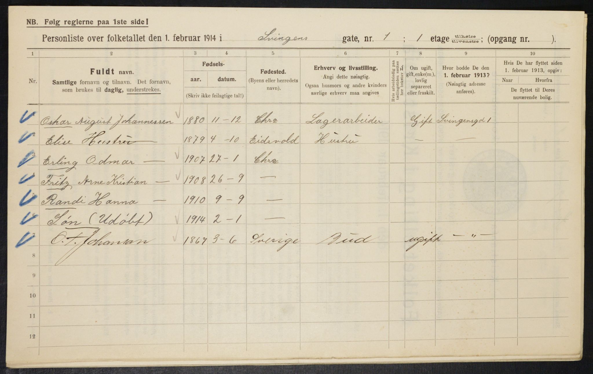 OBA, Kommunal folketelling 1.2.1914 for Kristiania, 1914, s. 106786