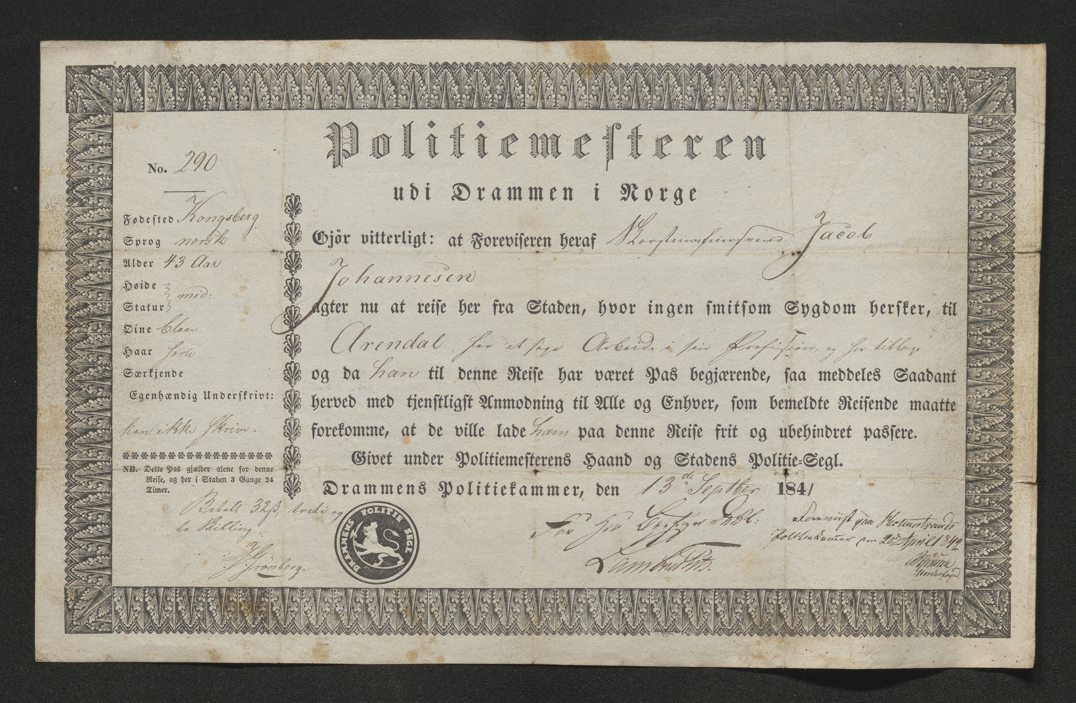 Drammen politikammer, AV/SAKO-A-623/I/Ia/Iab/L0006: Innleverte pass, 1841-1842, s. 399