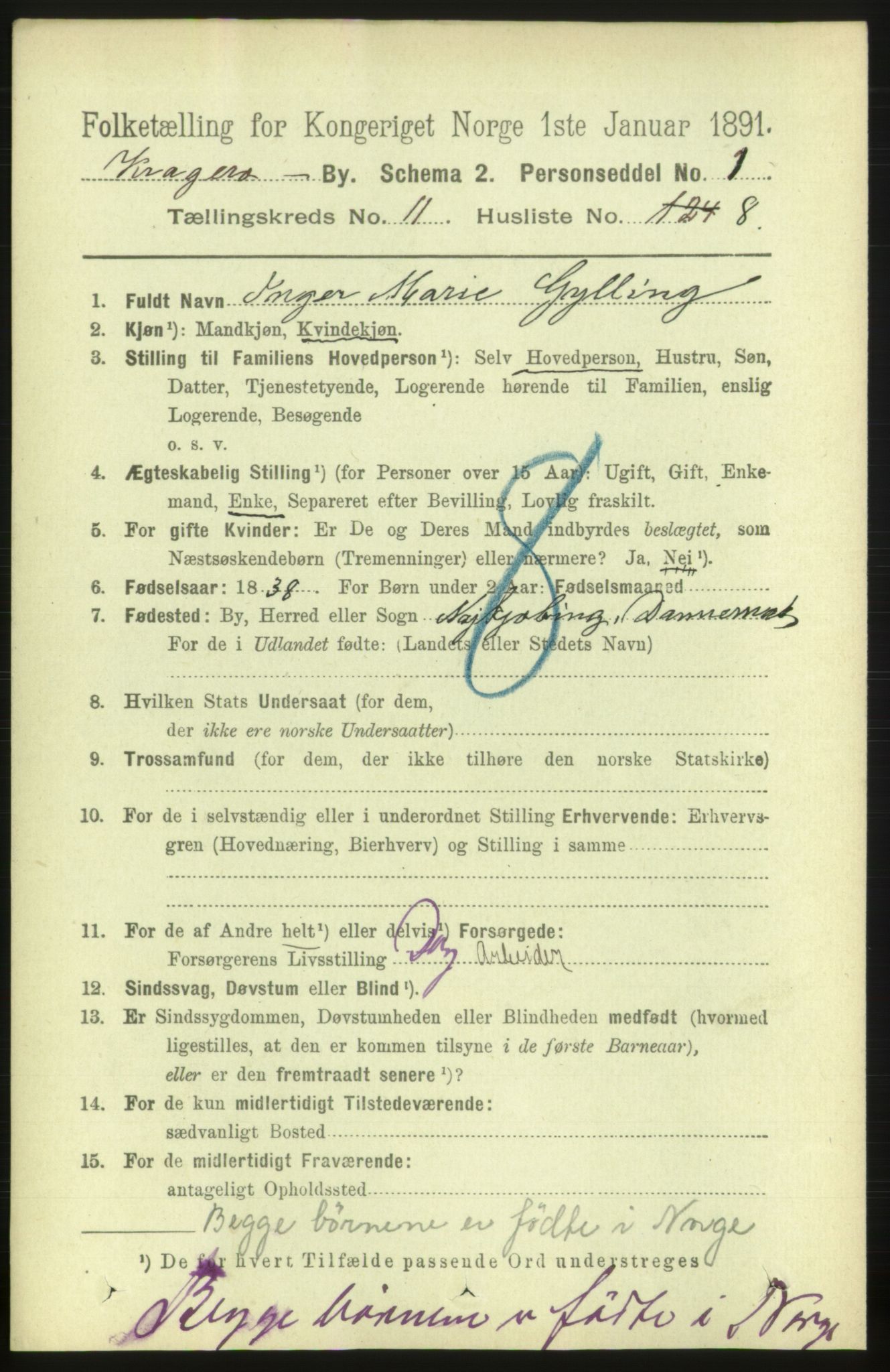 RA, Folketelling 1891 for 0801 Kragerø kjøpstad, 1891, s. 3905