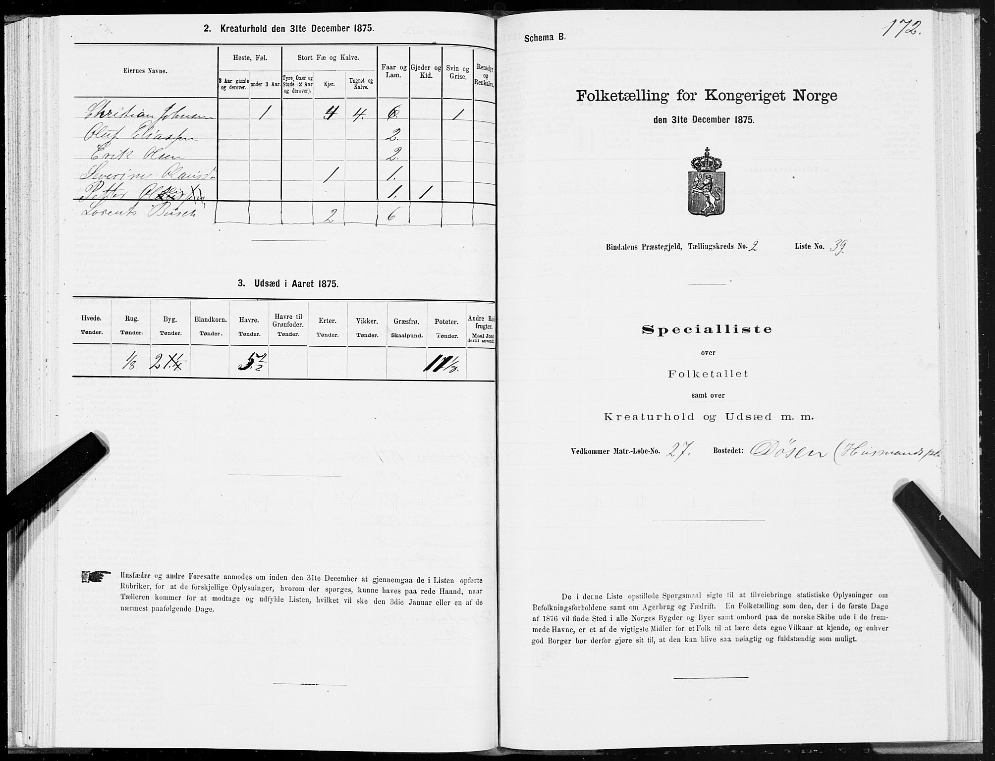 SAT, Folketelling 1875 for 1811P Bindal prestegjeld, 1875, s. 1172