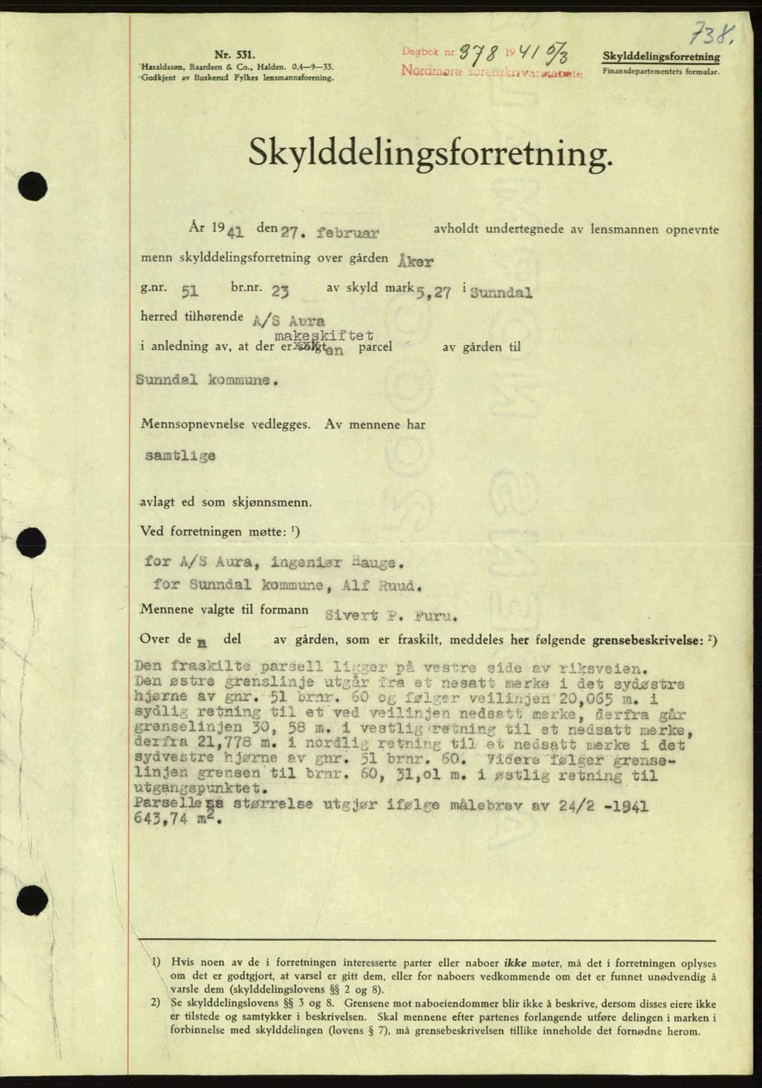 Nordmøre sorenskriveri, SAT/A-4132/1/2/2Ca: Pantebok nr. A89, 1940-1941, Dagboknr: 378/1941