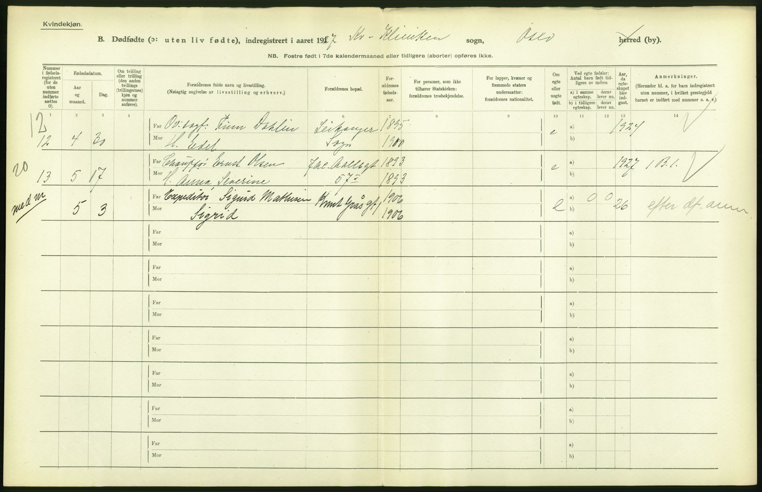 Statistisk sentralbyrå, Sosiodemografiske emner, Befolkning, AV/RA-S-2228/D/Df/Dfc/Dfcg/L0010: Oslo: Døde kvinner, dødfødte, 1927, s. 36