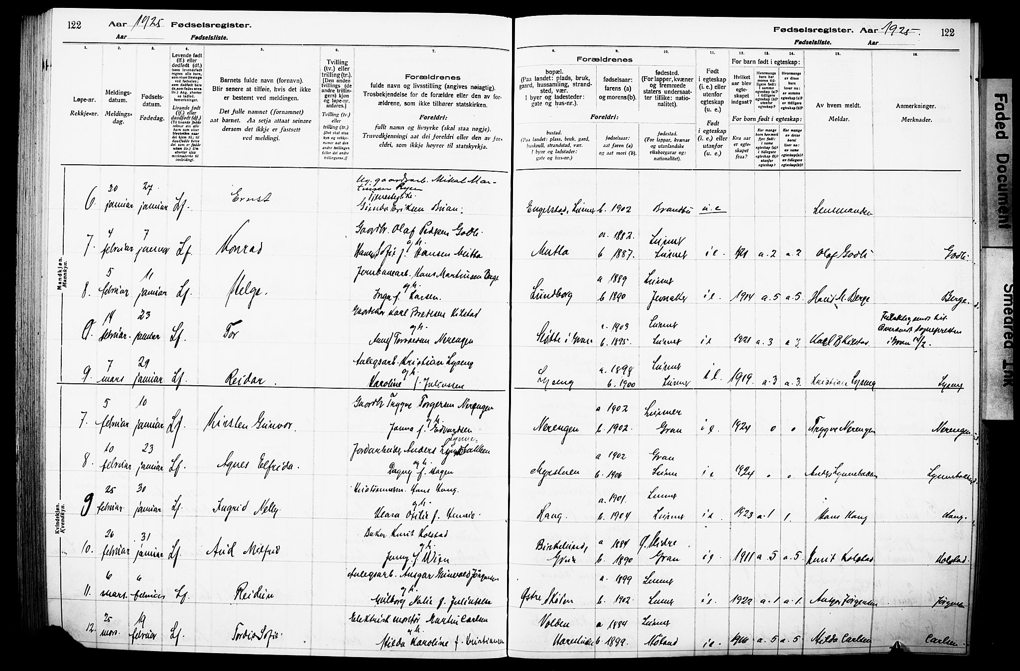 Lunner prestekontor, SAH/PREST-118/I/Id/L0001: Fødselsregister nr. 1, 1916-1932, s. 122