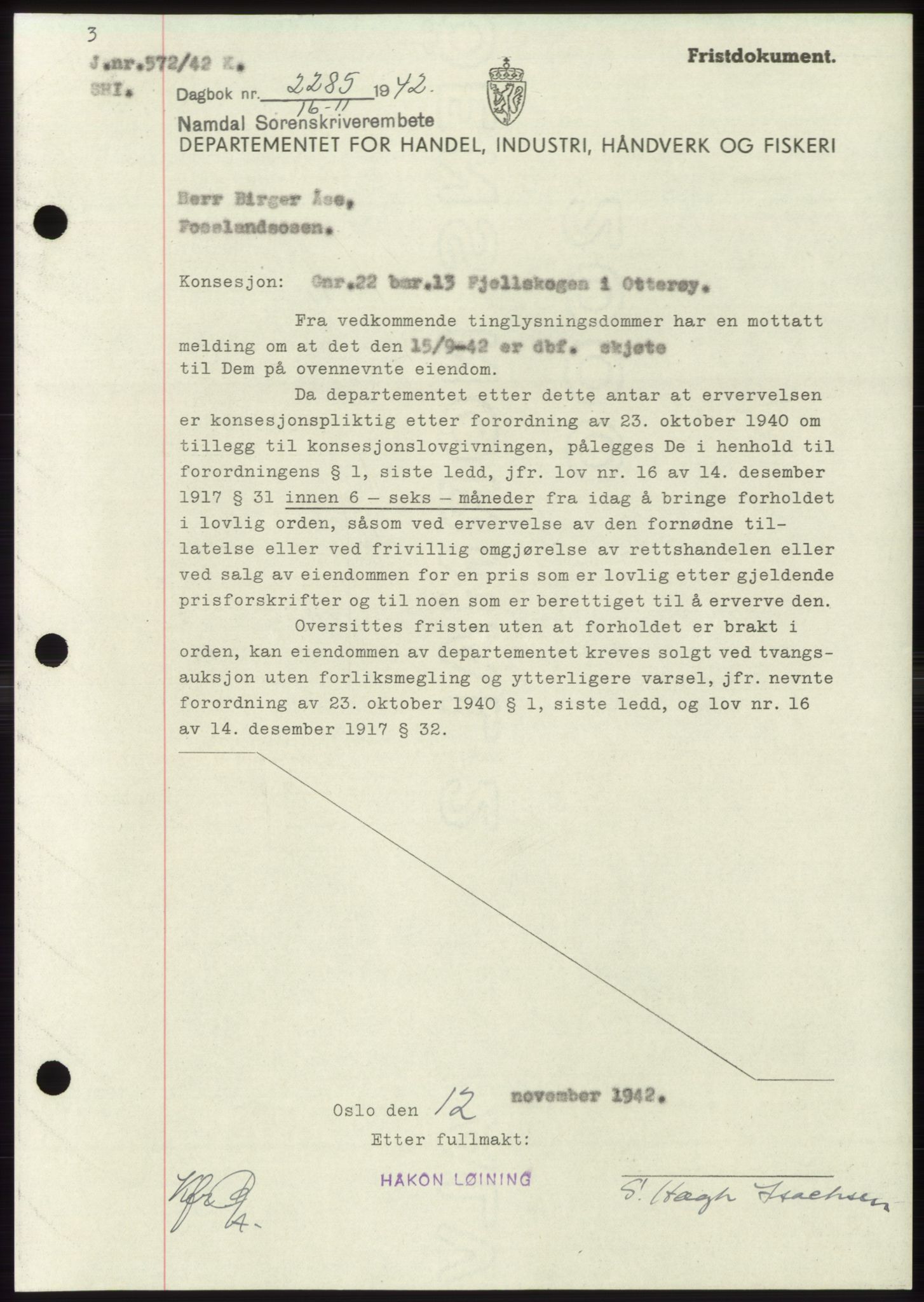 Namdal sorenskriveri, SAT/A-4133/1/2/2C: Pantebok nr. -, 1942-1943, Dagboknr: 2285/1942