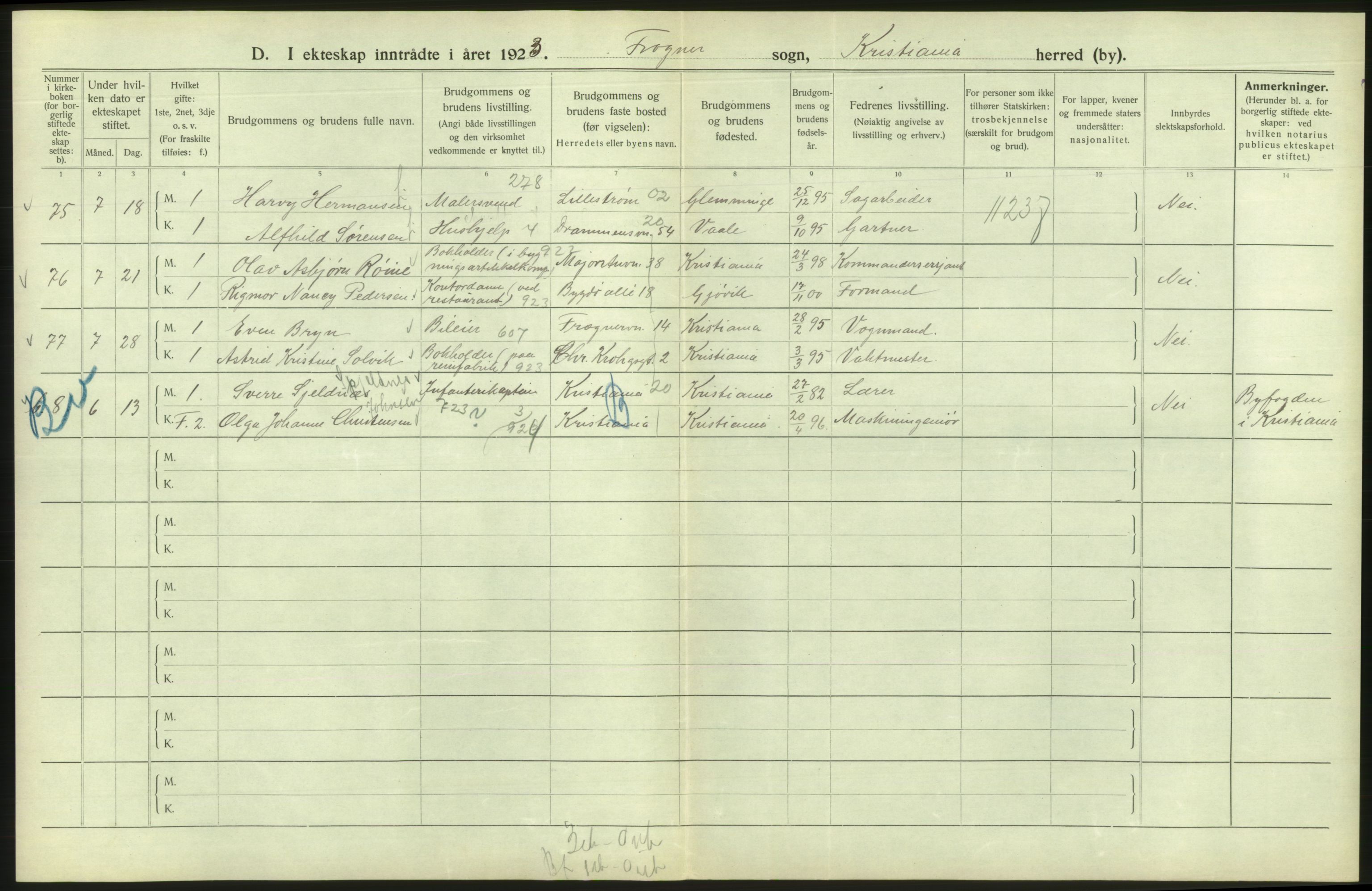 Statistisk sentralbyrå, Sosiodemografiske emner, Befolkning, AV/RA-S-2228/D/Df/Dfc/Dfcc/L0008: Kristiania: Gifte, 1923, s. 310