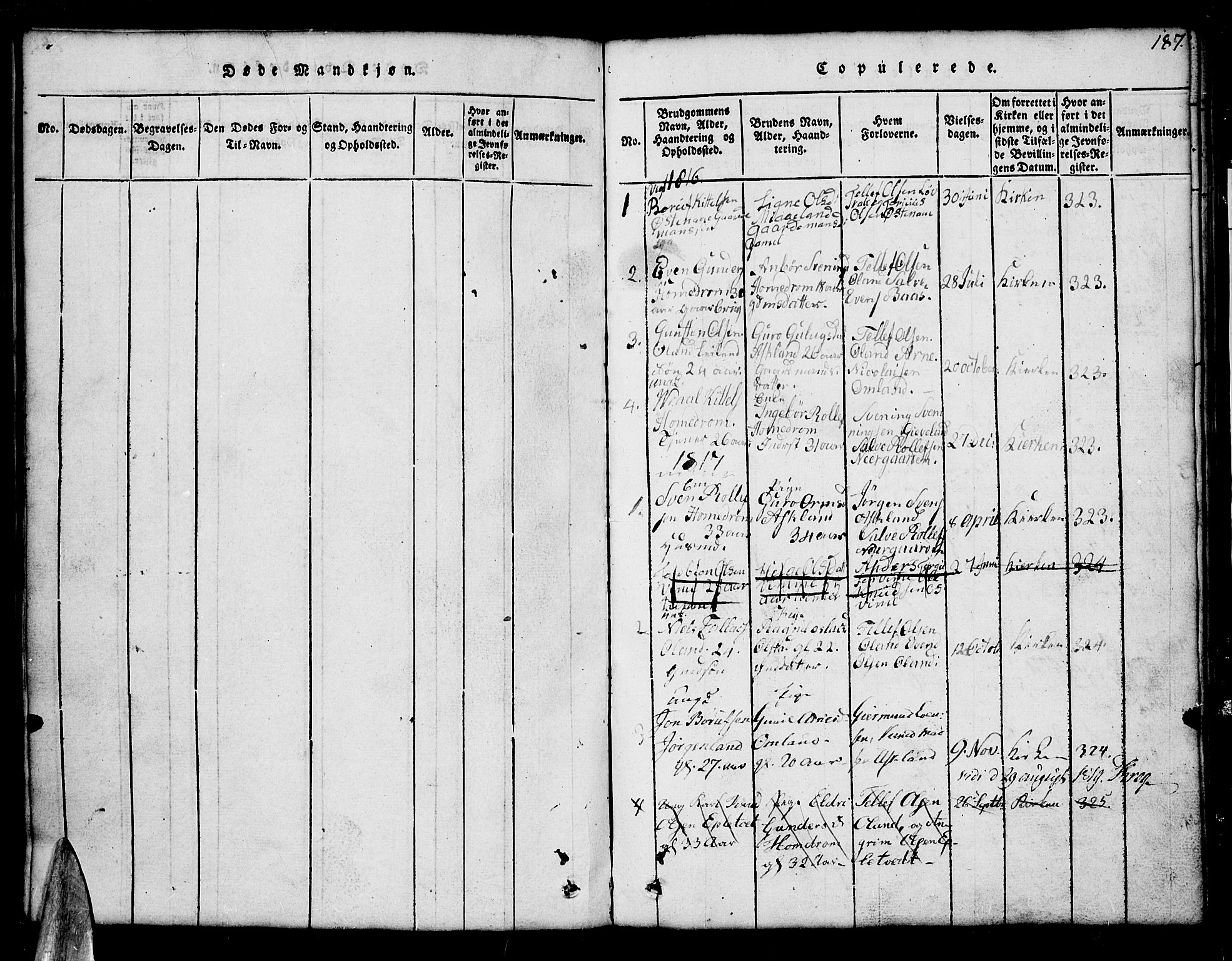 Åmli sokneprestkontor, SAK/1111-0050/F/Fb/Fba/L0001: Klokkerbok nr. B 1, 1816-1890, s. 187