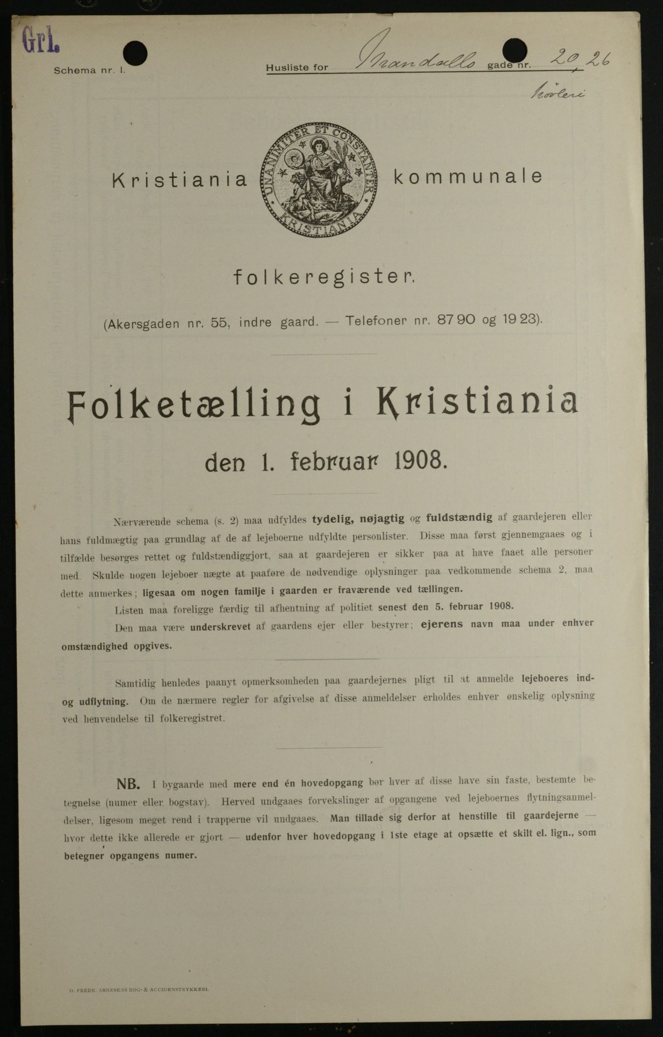 OBA, Kommunal folketelling 1.2.1908 for Kristiania kjøpstad, 1908, s. 54082
