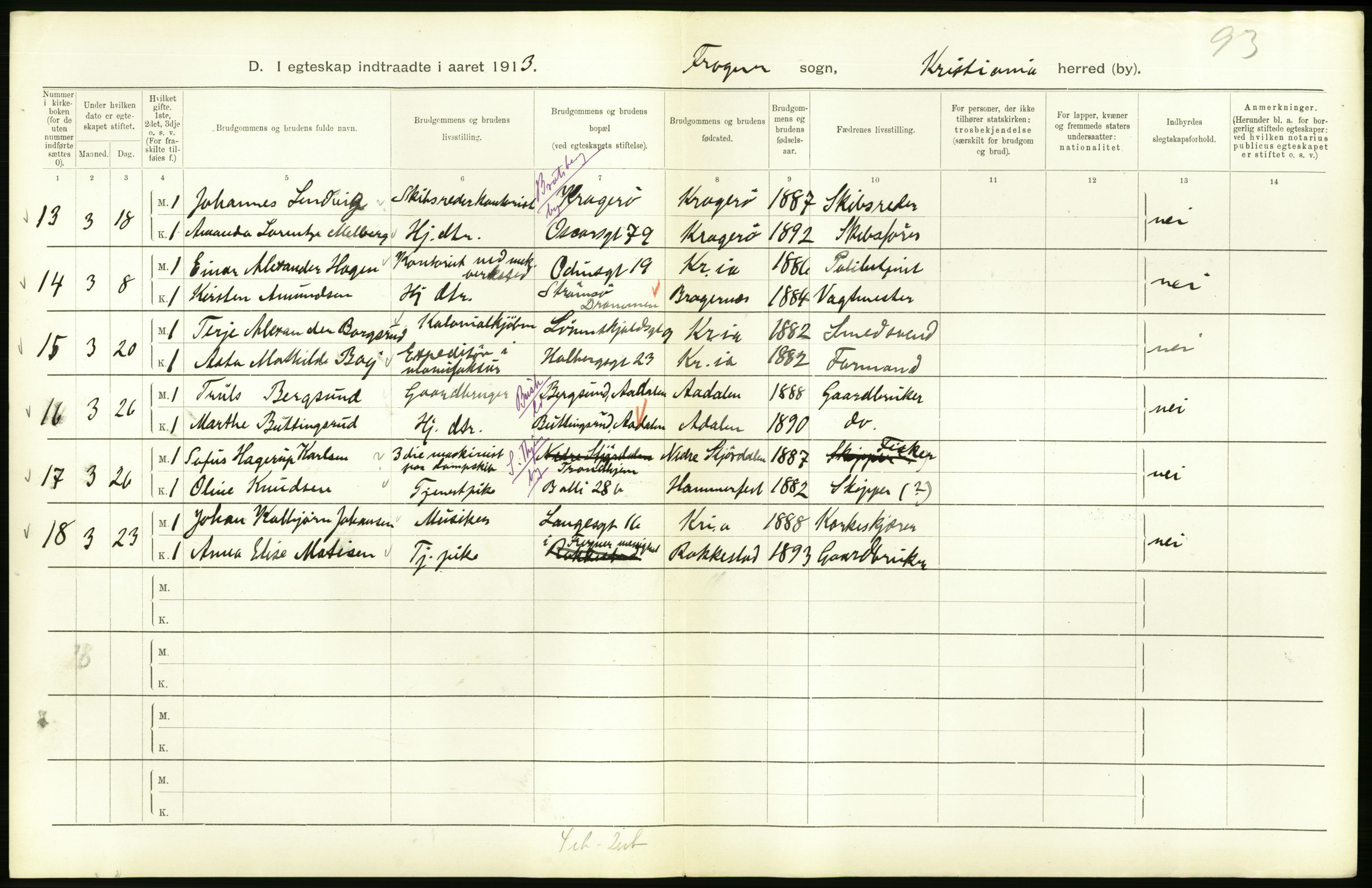 Statistisk sentralbyrå, Sosiodemografiske emner, Befolkning, RA/S-2228/D/Df/Dfb/Dfbc/L0008: Kristiania: Gifte., 1913, s. 572