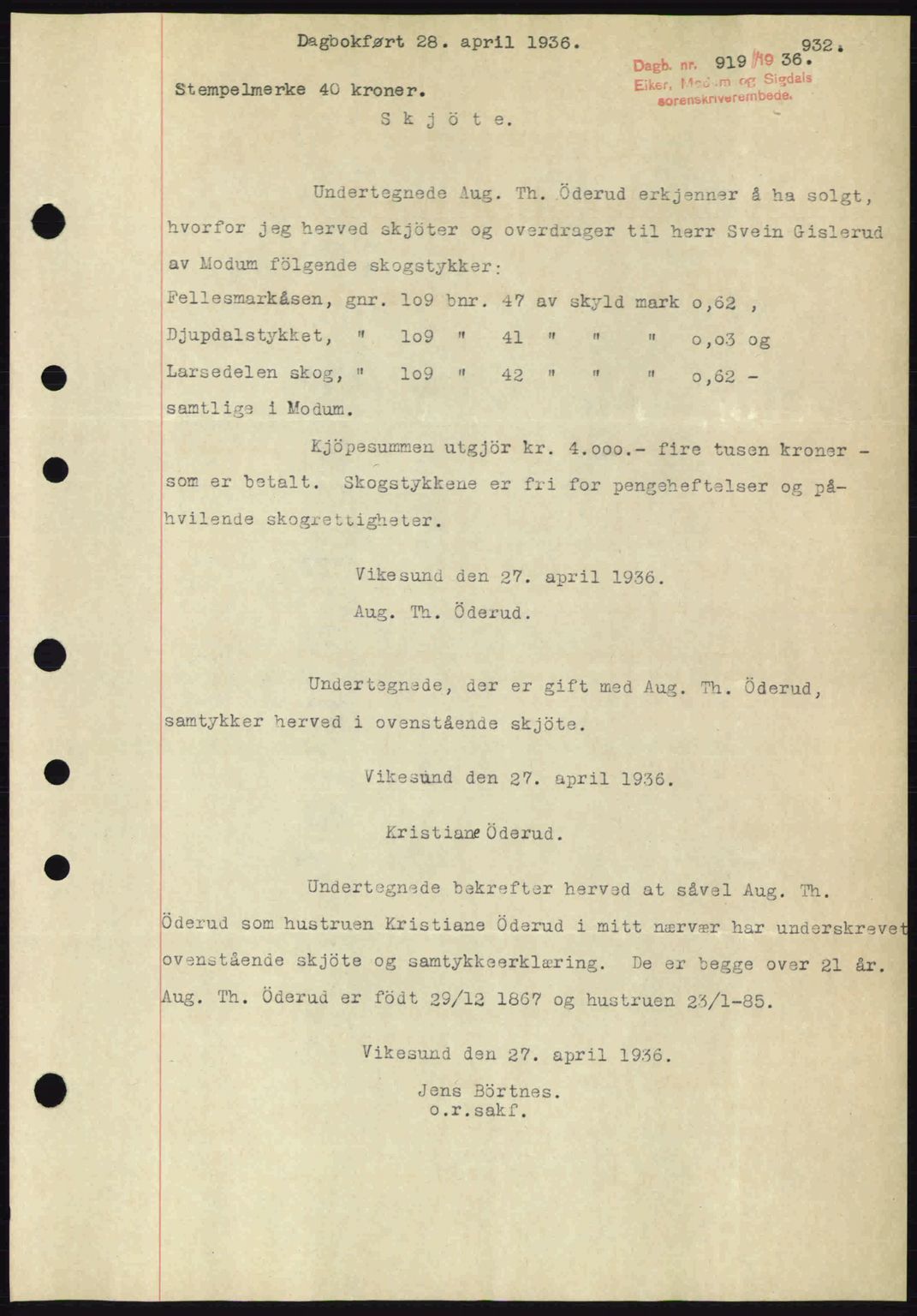 Eiker, Modum og Sigdal sorenskriveri, SAKO/A-123/G/Ga/Gab/L0032: Pantebok nr. A2, 1936-1936, Dagboknr: 919/1936